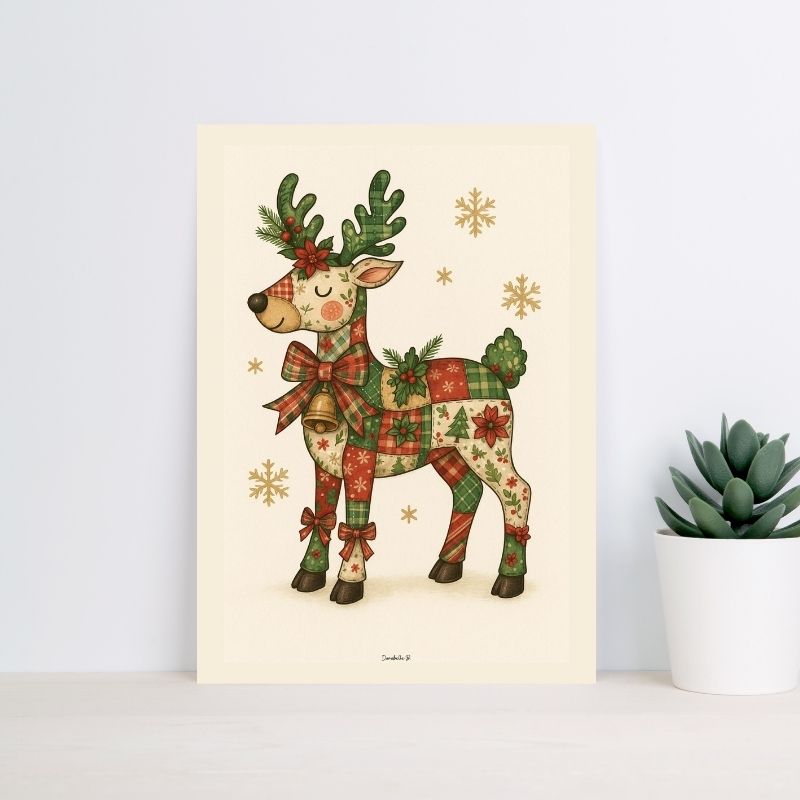 Poster Noël Vintage - Renne de Noël Patchwork - Poster imprimable