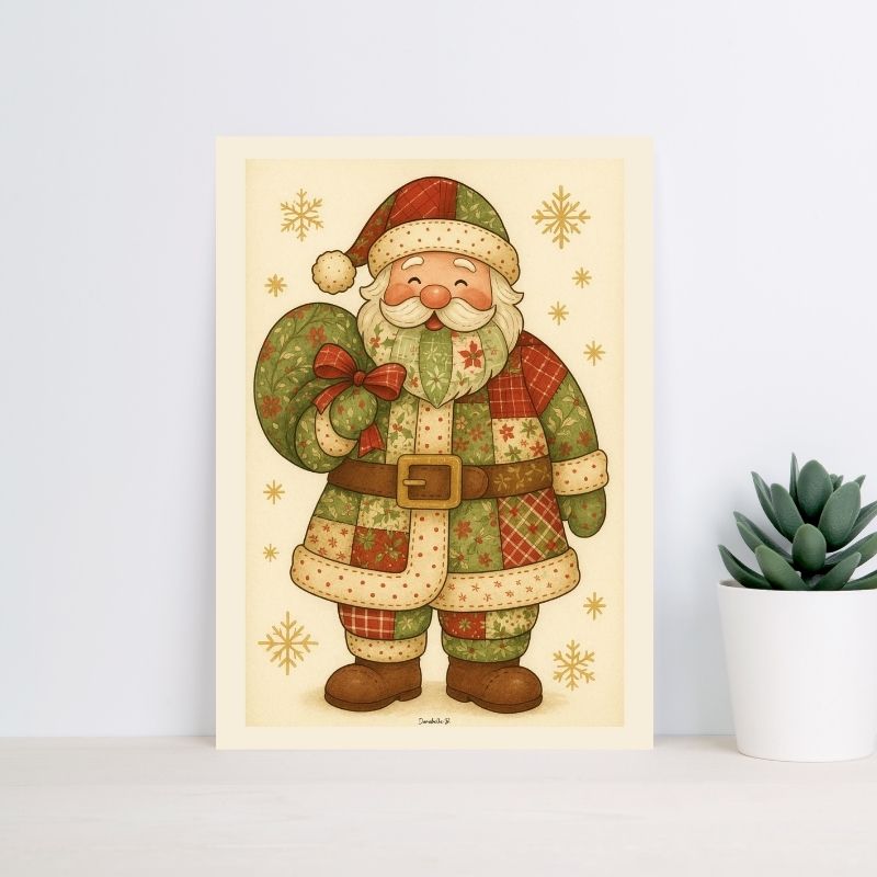 Poster Noël Vintage - Père Noël Patchwork - Poster imprimable