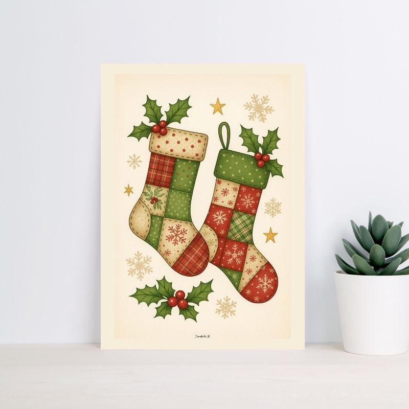 Poster Noël Vintage - Chaussettes de Noël Patchwork - Poster imprimable