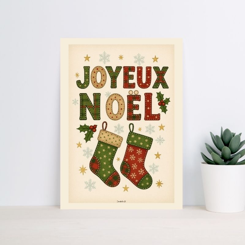 Poster Noël Vintage - Joyeux Noël Patchwork - Poster imprimable