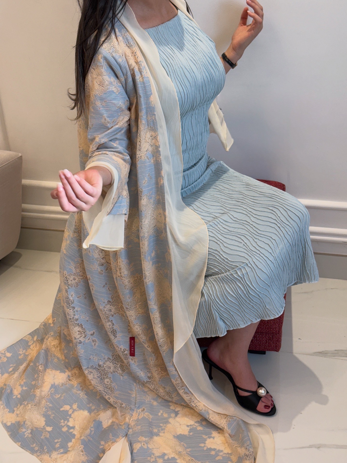 Elegant Blue Pleated Dress with Sheer Embroidered Overcoat