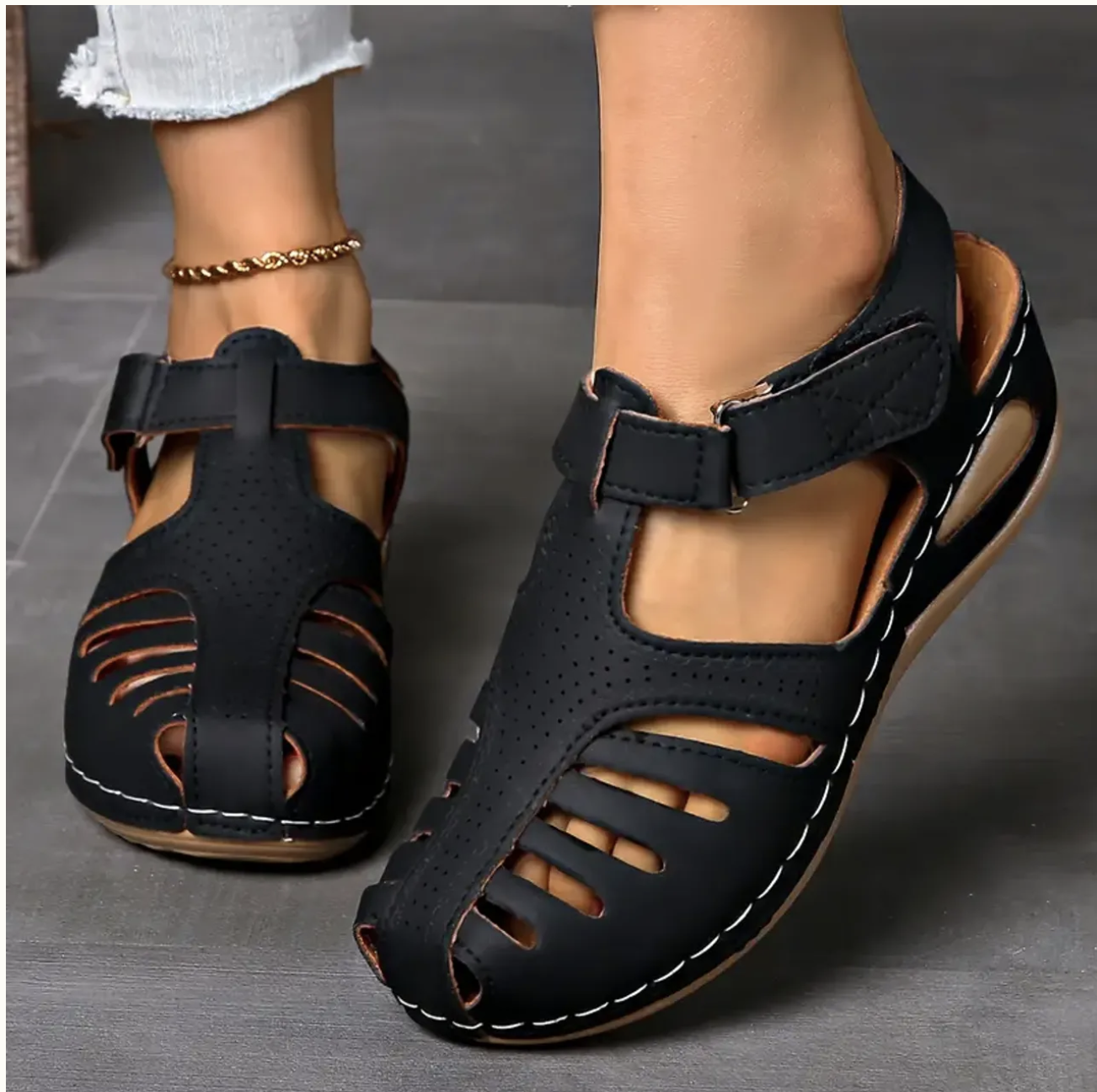 🔥LAST DAY Promotion 60% OFF🔥 | Comfortable Breathable Sandals -Women's Solid Color Shoes, Round Toe, Platform Heel, with Ankle Strap, Hook-and-Loop Fastener, Natural Materials