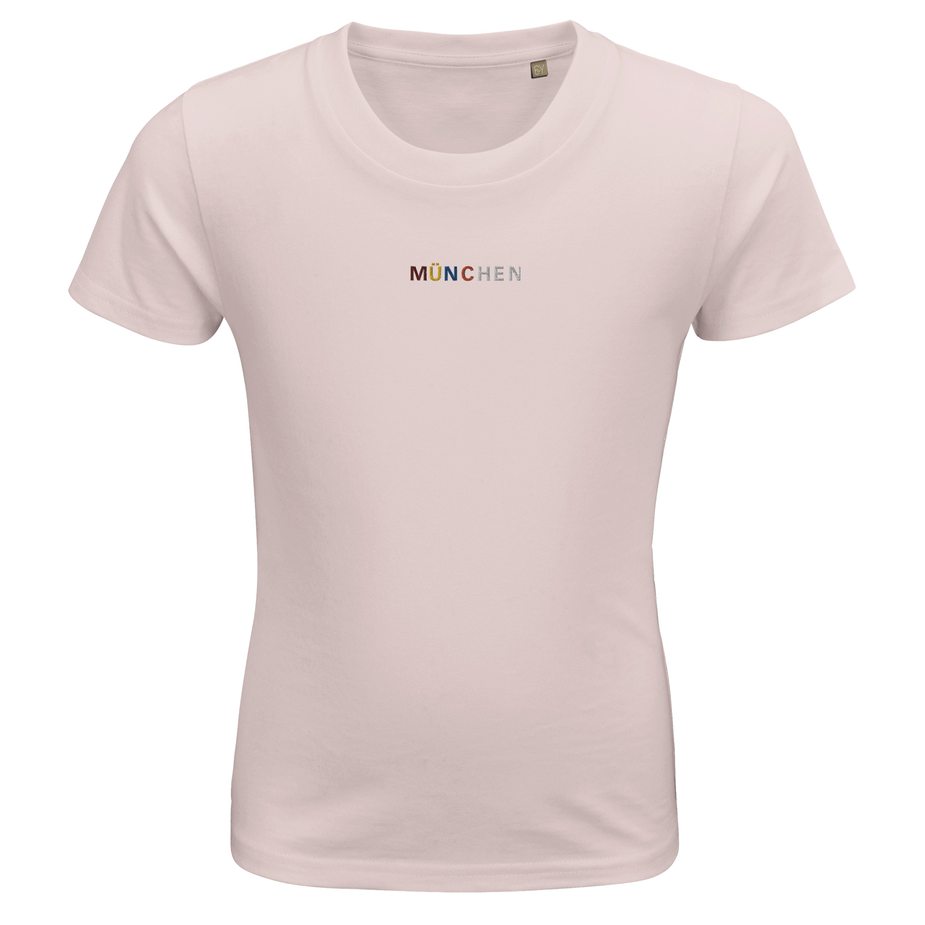 Personalisieren Sie Ihr Bio Baumwolle Kinder T-Shirt: Ihre Stadt in lebendigen Farben bestickt!