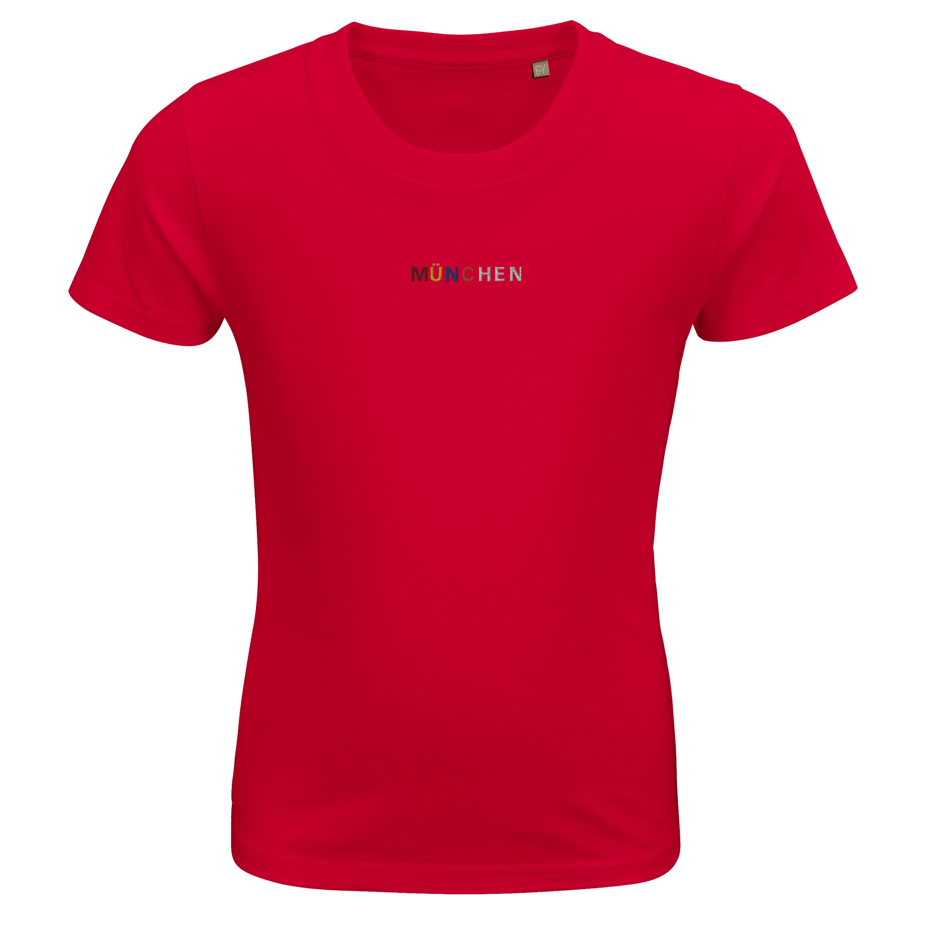 Personalisieren Sie Ihr Bio Baumwolle Kinder T-Shirt: Ihre Stadt in lebendigen Farben bestickt!