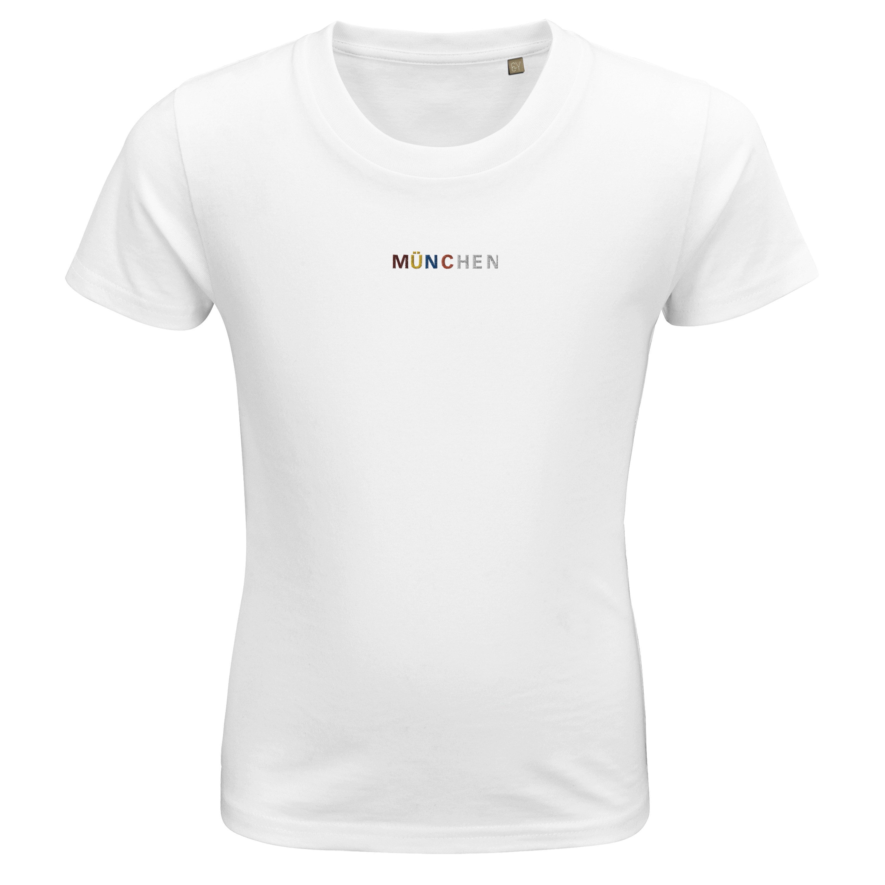 Personalisieren Sie Ihr Bio Baumwolle Kinder T-Shirt: Ihre Stadt in lebendigen Farben bestickt!