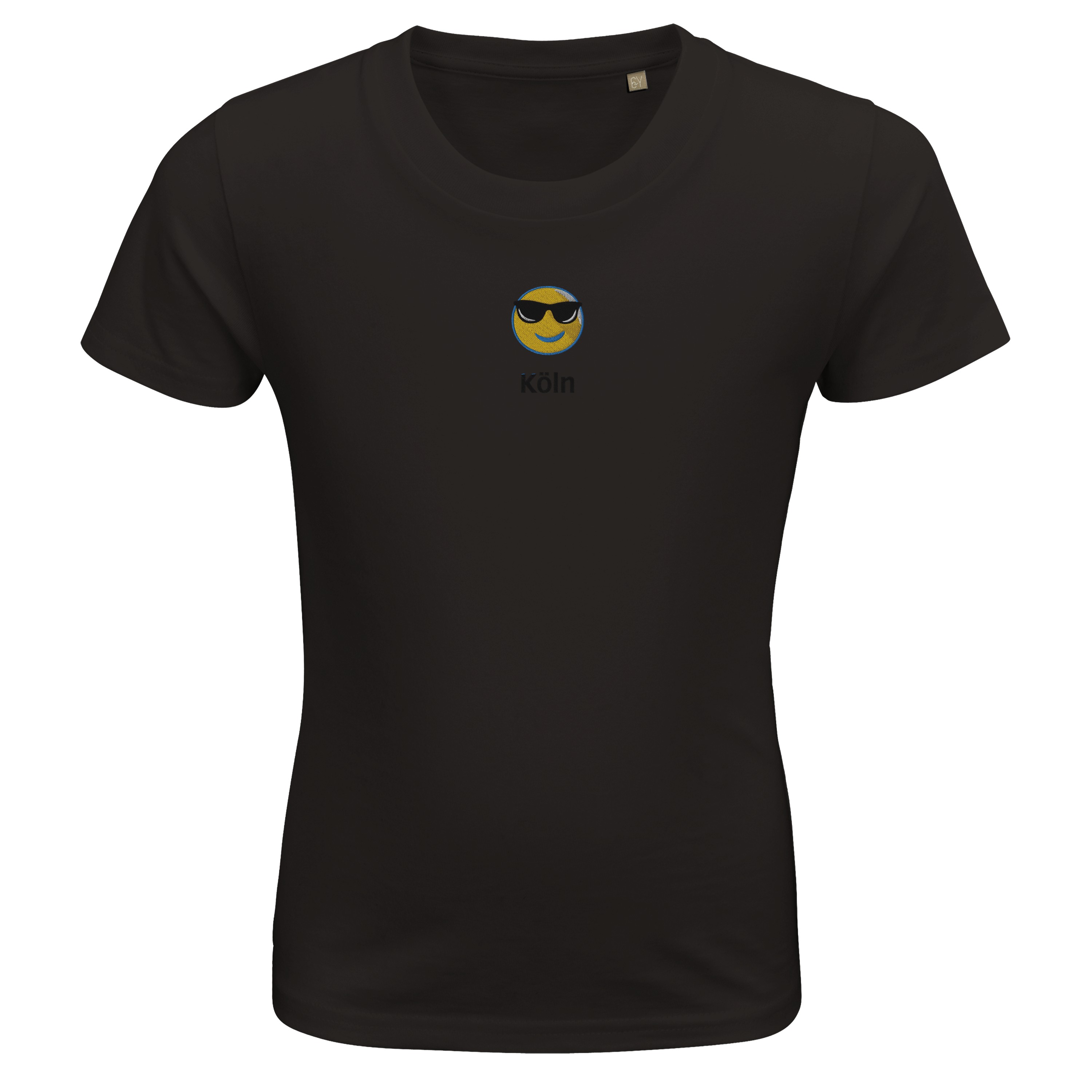 Personalisieren Sie Ihr Bio-Baumwolle Kinder T-Shirt mit Ihrer Lieblingsstadt und einem Emoji bestickt!