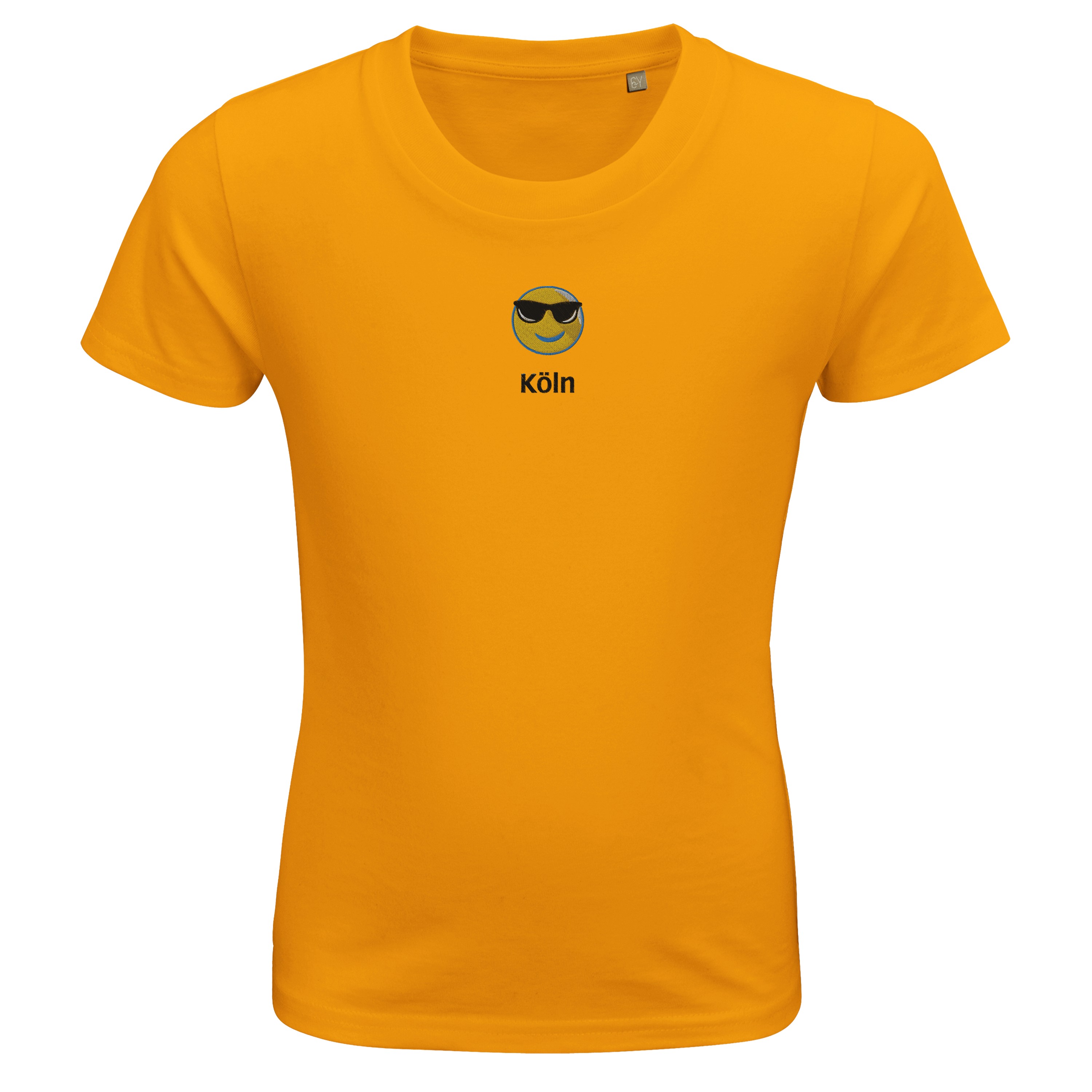 Personalisieren Sie Ihr Bio-Baumwolle Kinder T-Shirt mit Ihrer Lieblingsstadt und einem Emoji bestickt!