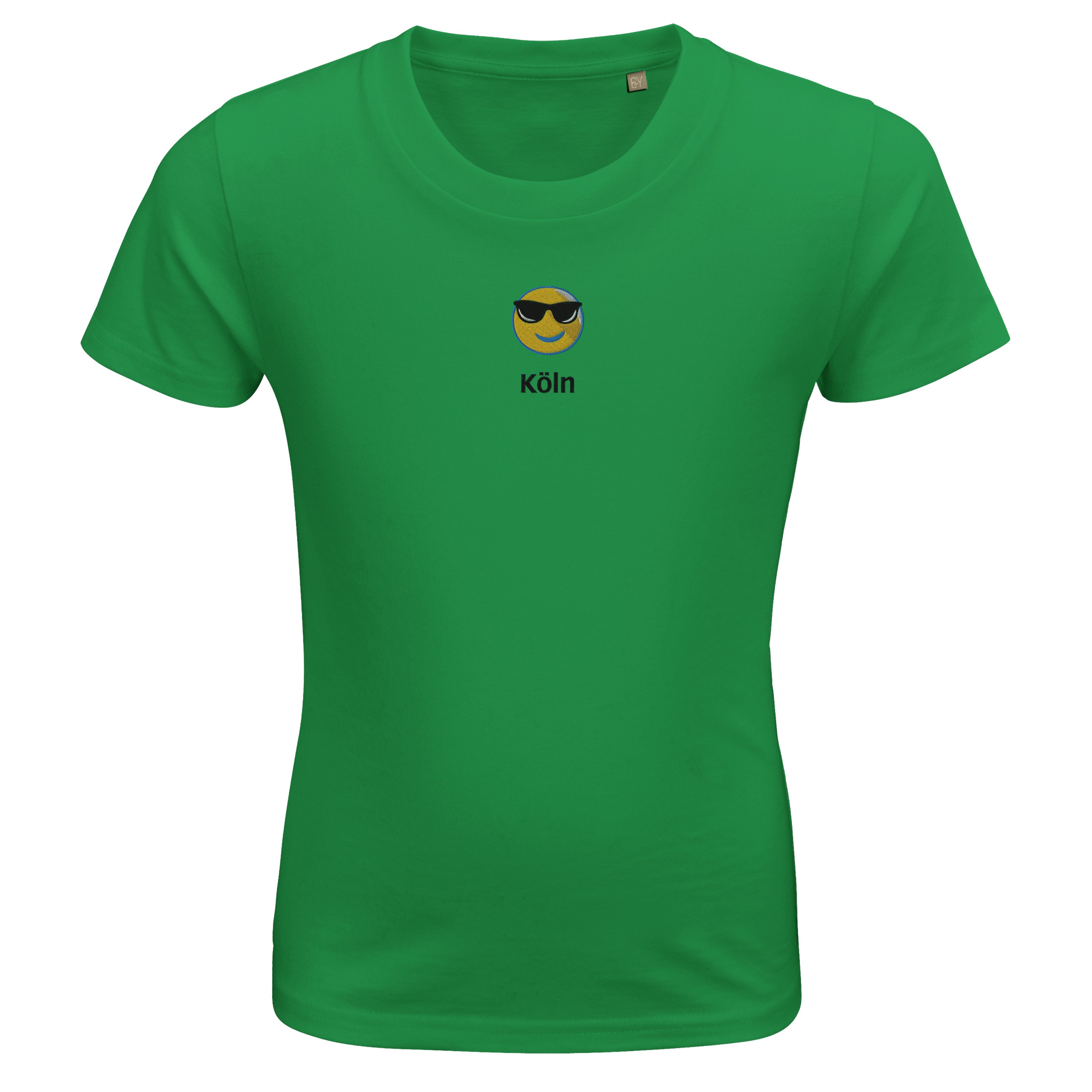 Personalisieren Sie Ihr Bio-Baumwolle Kinder T-Shirt mit Ihrer Lieblingsstadt und einem Emoji bestickt!