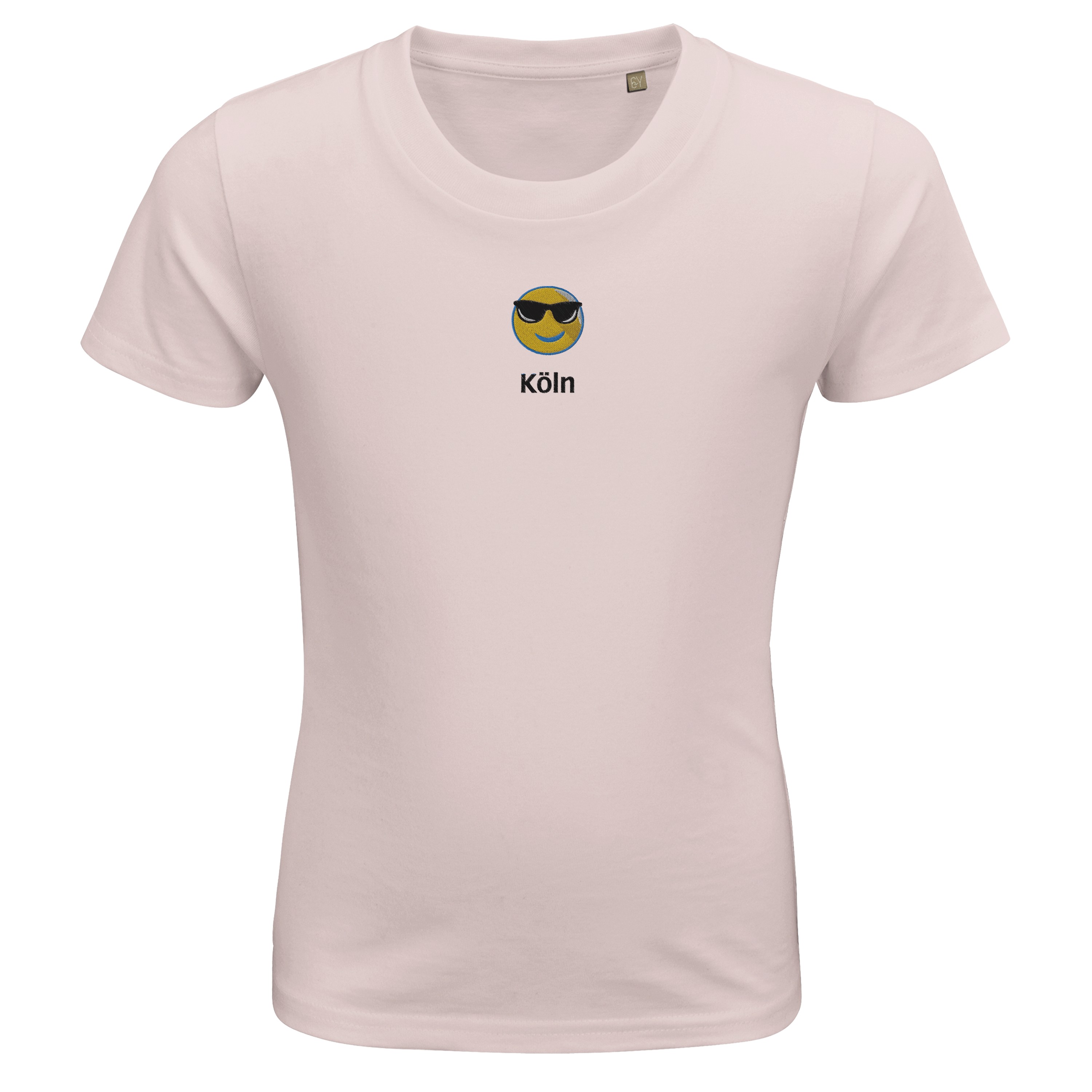 Personalisieren Sie Ihr Bio-Baumwolle Kinder T-Shirt mit Ihrer Lieblingsstadt und einem Emoji bestickt!