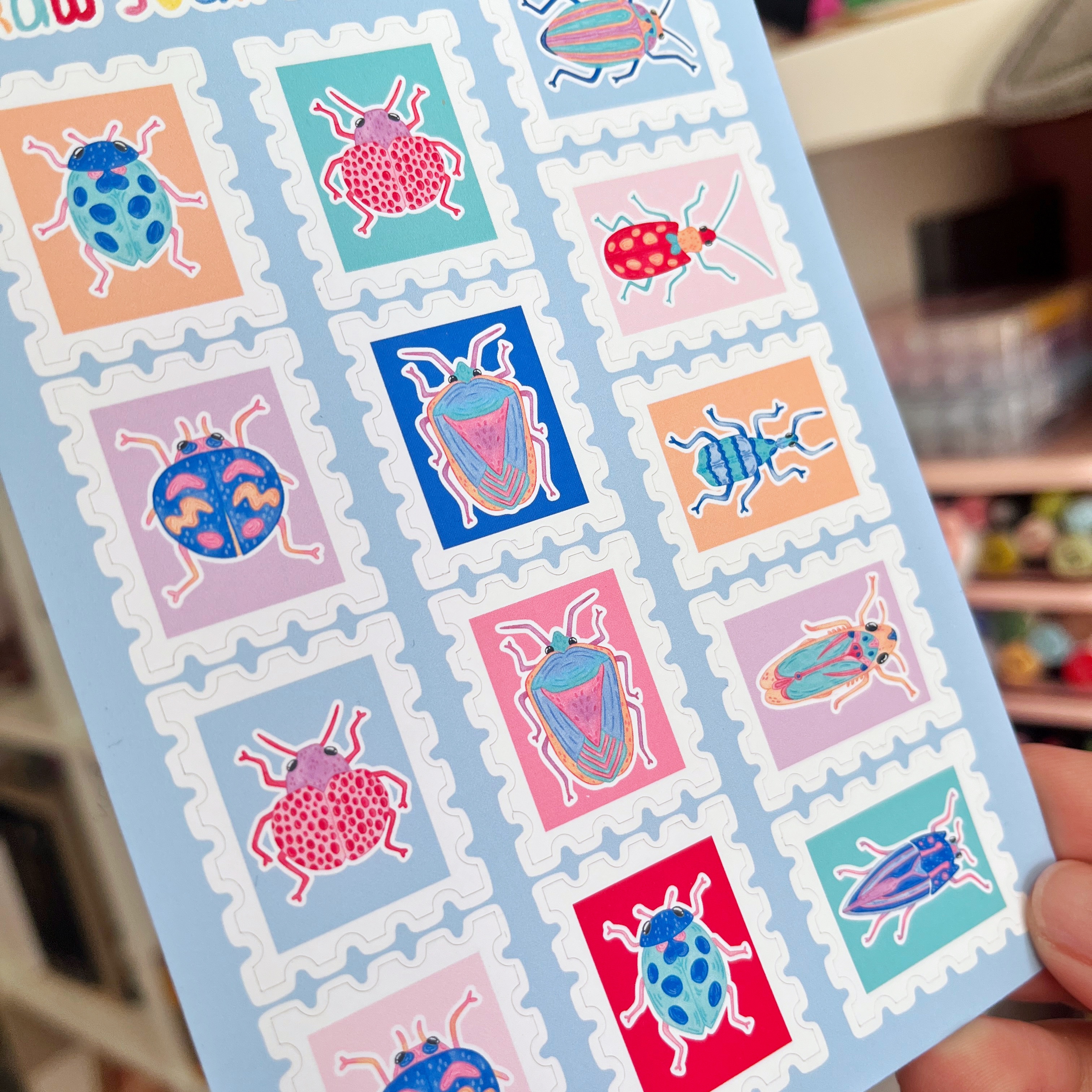 Feuille de stickers - Timbres d'Insectes colorés