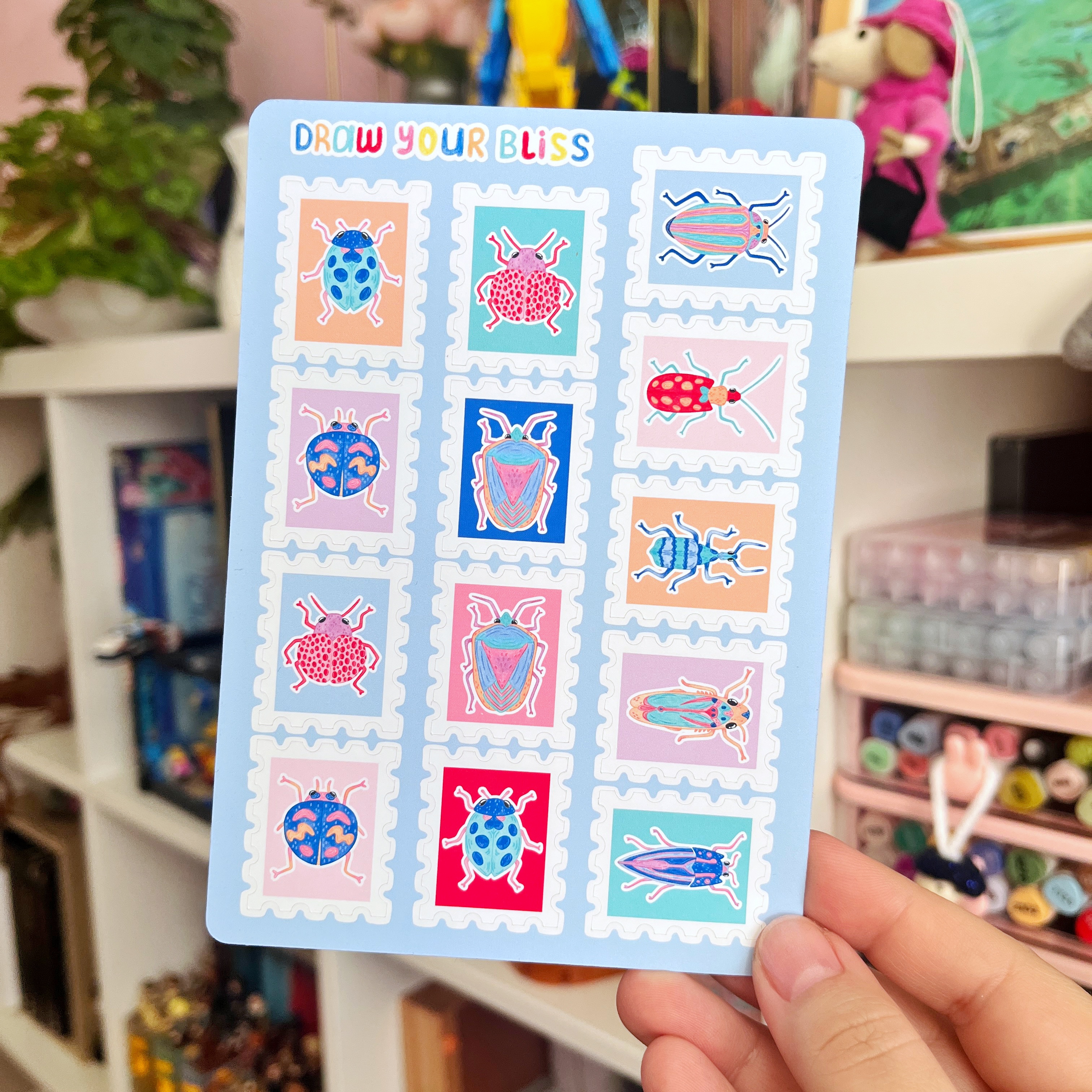 Feuille de stickers - Timbres d'Insectes colorés