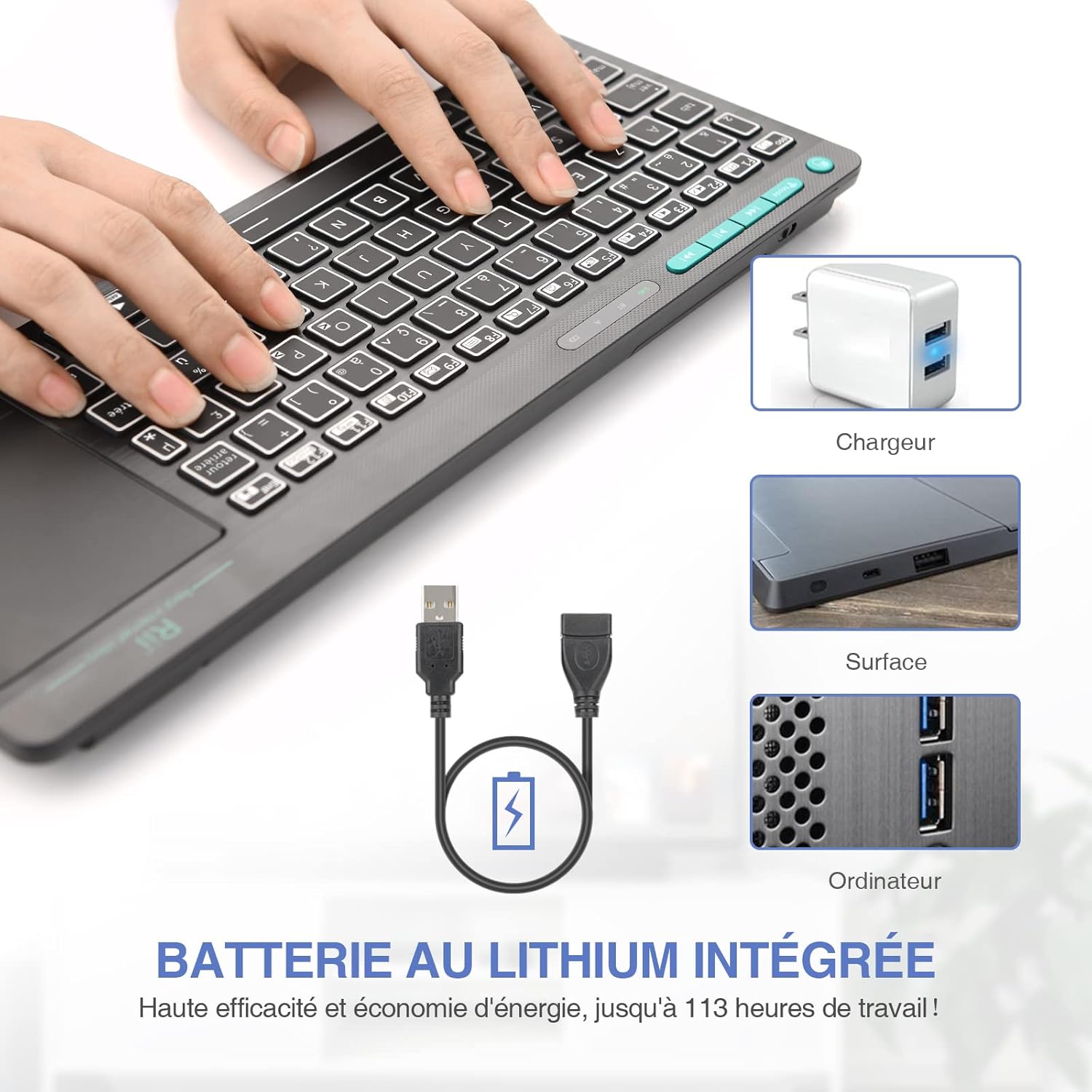 Rii K18S Clavier sans Fil Français (AZERTY) Clavier de Bureau avec Souris Tactile Wireless, Rechargeable (Bluetooth & 2.4 GHz)