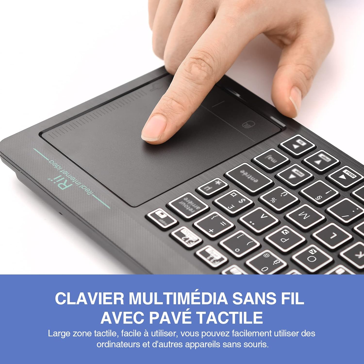 Rii K18S Clavier sans Fil Français (AZERTY) Clavier de Bureau avec Souris Tactile Wireless, Rechargeable (Bluetooth & 2.4 GHz)