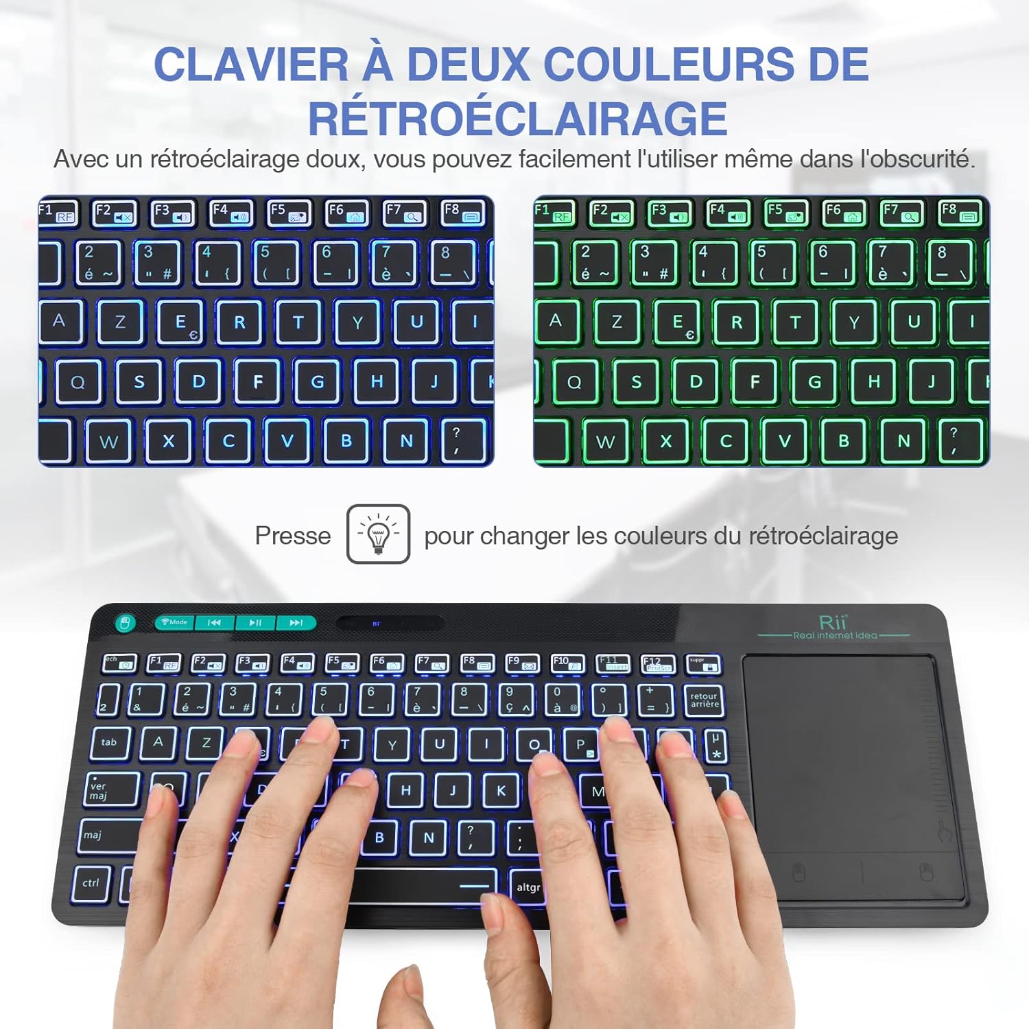 Rii K18S Clavier sans Fil Français (AZERTY) Clavier de Bureau avec Souris Tactile Wireless, Rechargeable (Bluetooth & 2.4 GHz)