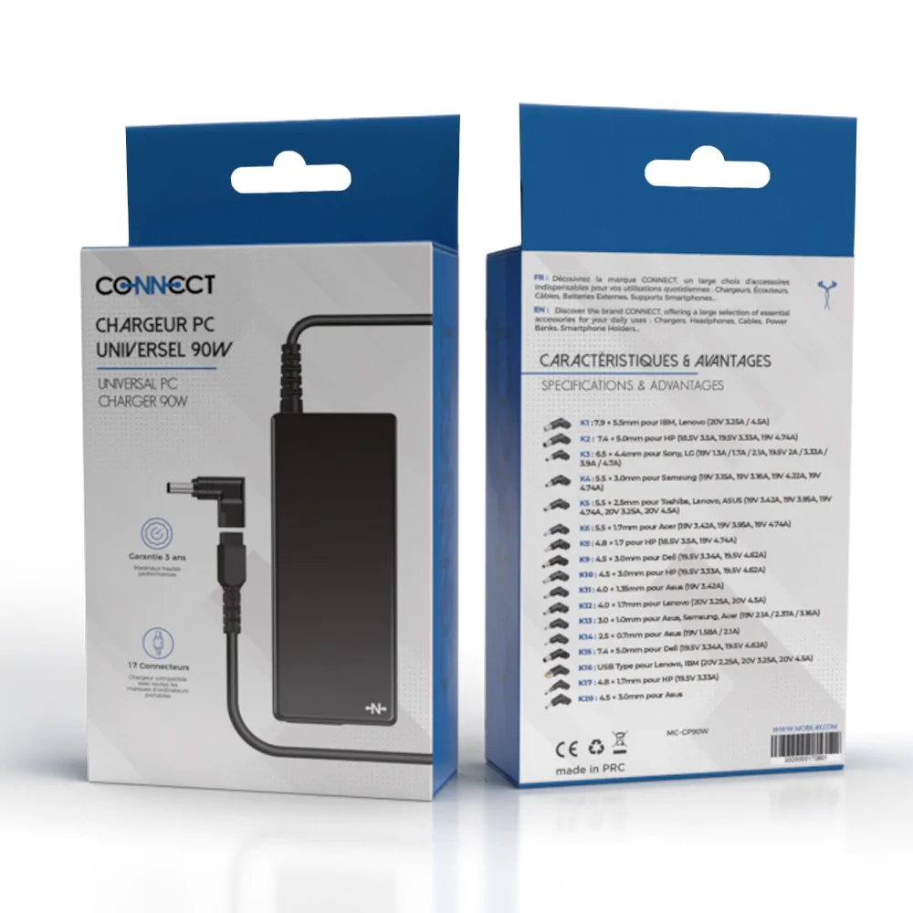 CHARGEUR PC UNIVERSEL - CONNECT- MC-CP90W 90W (17 EMBOUTS)