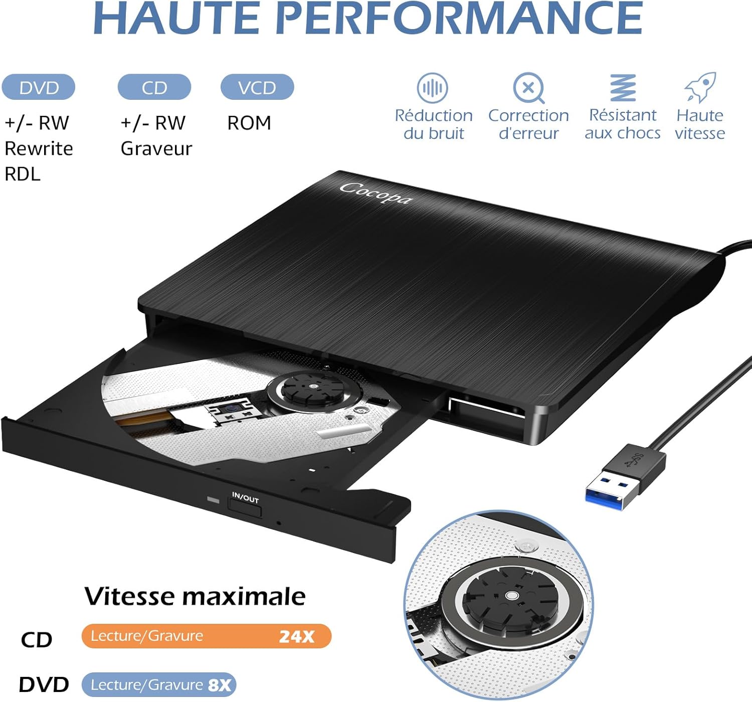 Cocopa Lecteur CD/DVD Externe, USB 3.0 Graveur Enregistreur RW/ROM Mince Câble USB Windows/Mac OS
