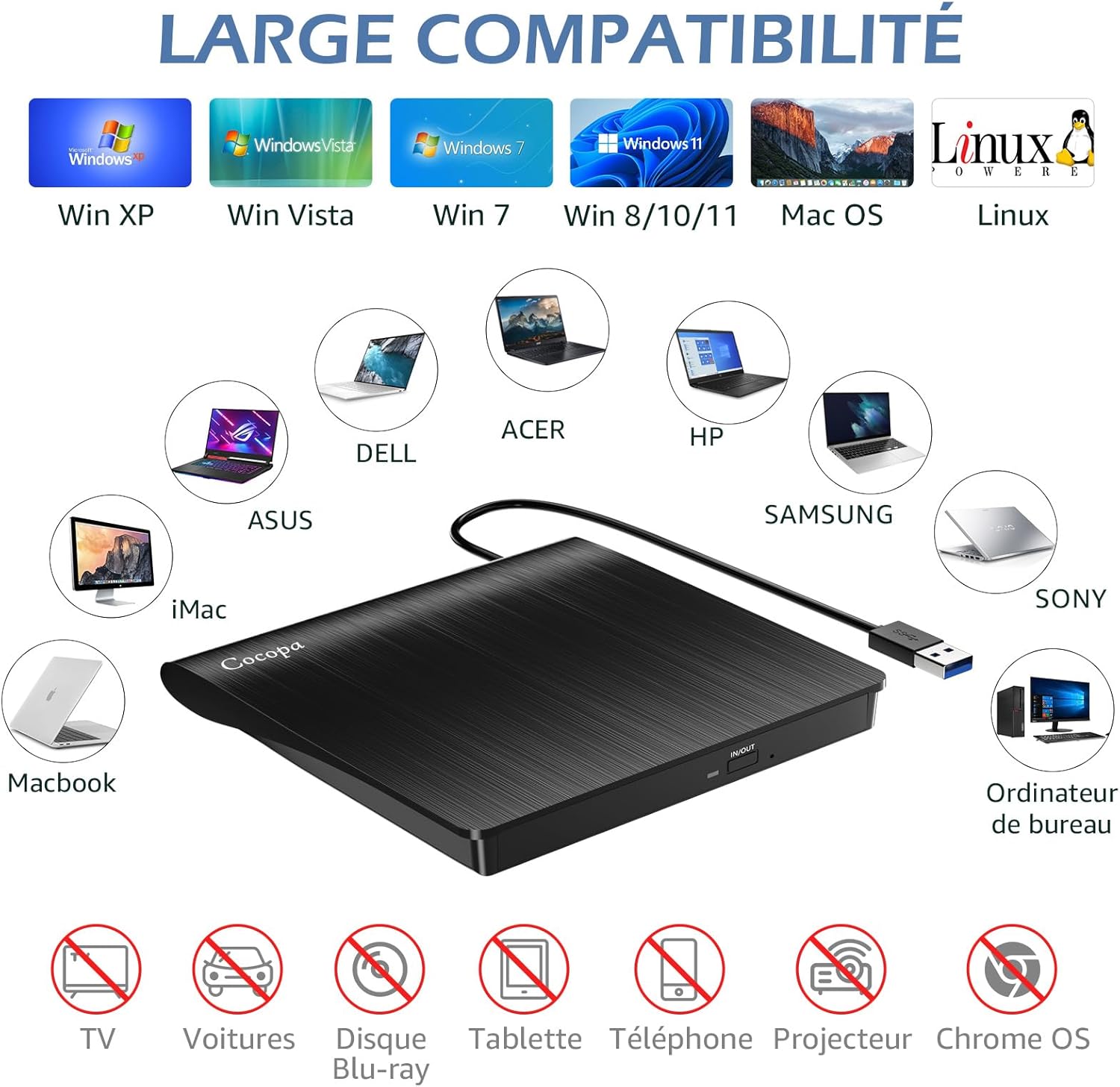 Cocopa Lecteur CD/DVD Externe, USB 3.0 Graveur Enregistreur RW/ROM Mince Câble USB Windows/Mac OS