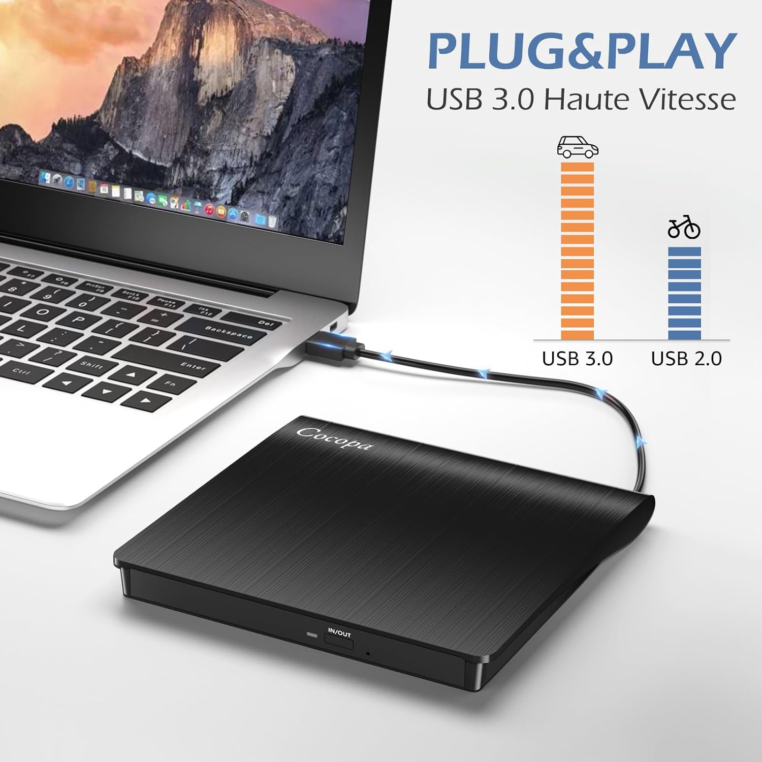 Cocopa Lecteur CD/DVD Externe, USB 3.0 Graveur Enregistreur RW/ROM Mince Câble USB Windows/Mac OS