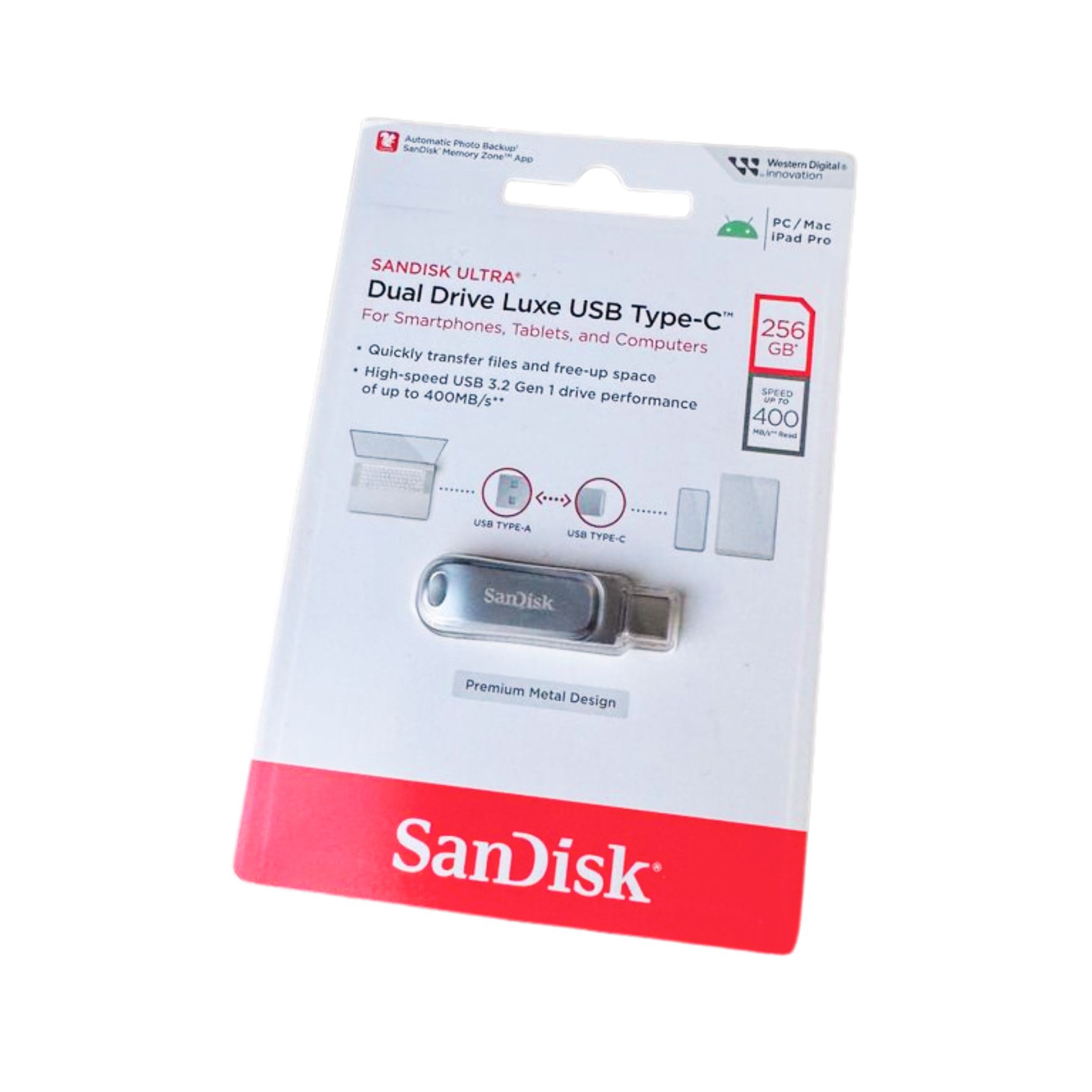 SanDisk 256GB Ultra Luxe Flash Drive Type-C, vitesses 400 Mo/s en lecture, USB 3.2 Gen 1, Connecteur rétractable / Argent