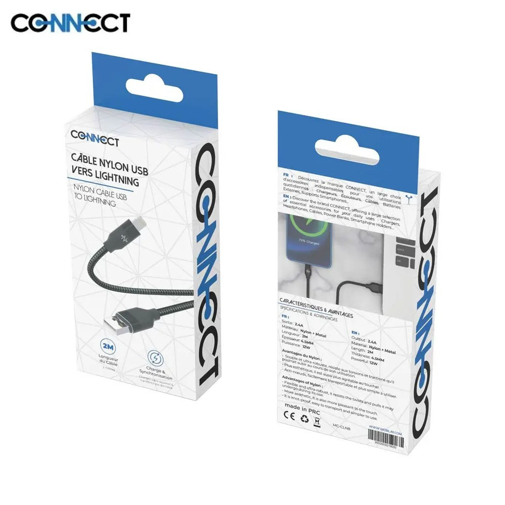 Câble Data USB vers Lightning CONNECT MC-CLB4 Nylon Tressé 12W (1m ou 2m) Blanc ou noir