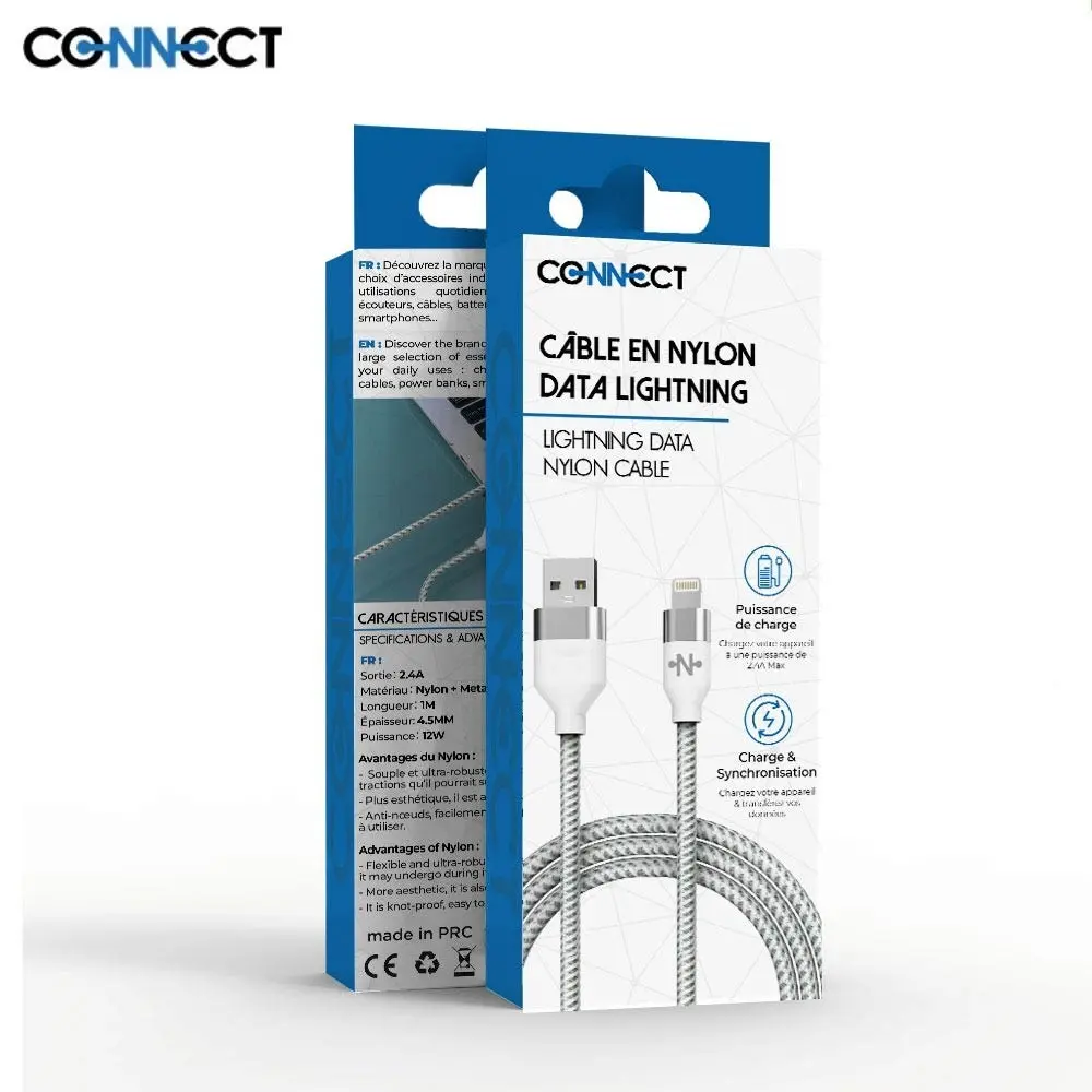 Câble Data USB vers Lightning CONNECT MC-CLB4 Nylon Tressé 12W (1m ou 2m) Blanc ou noir