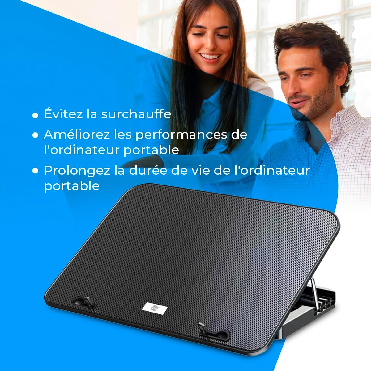NK Base de Refroidissement Portable - Ventilateur pour Ordinateur Portable 12-17", Hauteur réglable, 2 Ports USB, Refroidissement Rapide, LEDs Bleues
