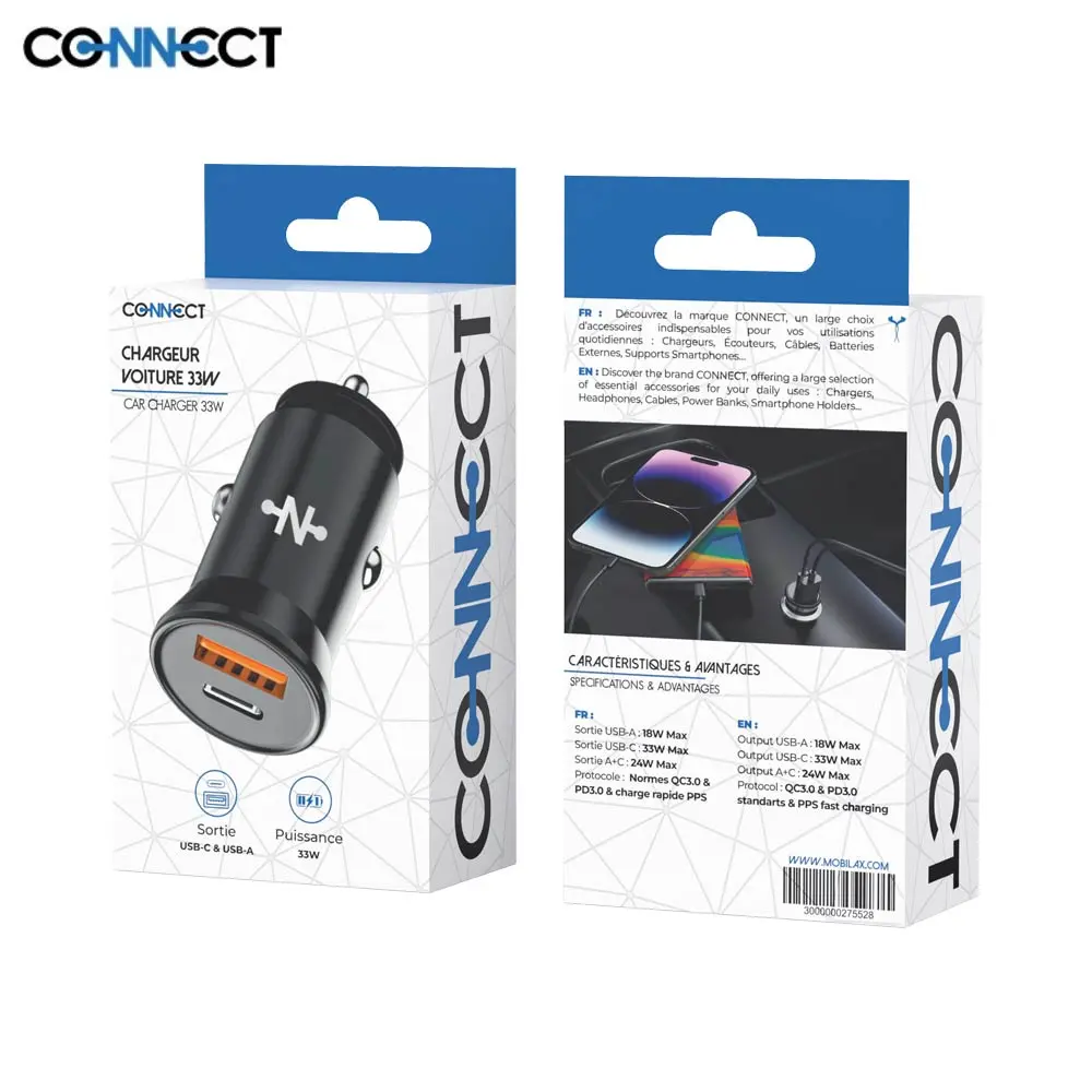 CONNECT Chargeur Allume-Cigare MC-CV30W01 33W (Type-C PD + USB QC3.0) Noir