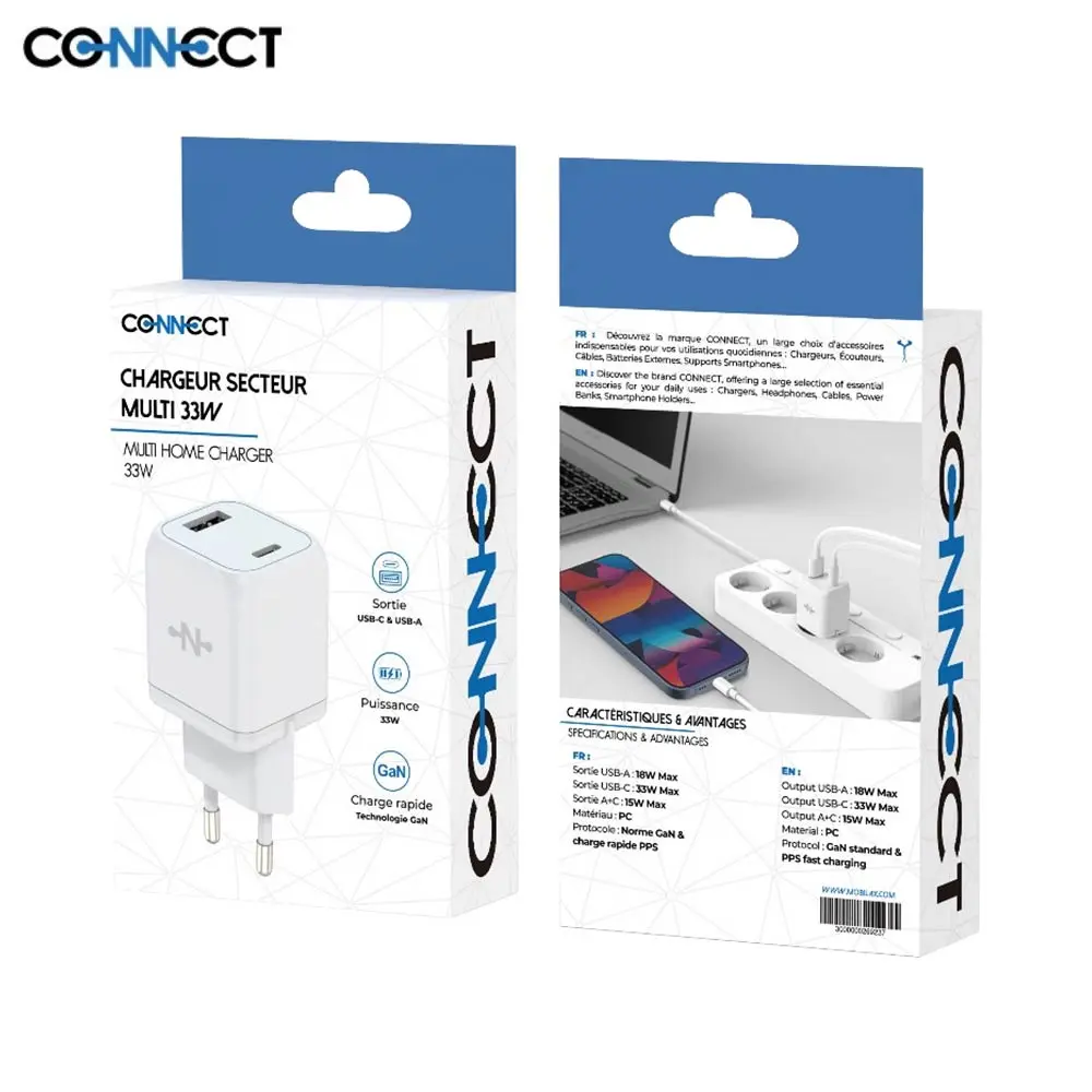 CONNECT Chargeur Secteur GaN Multi MC-CBDAC33W Charge Rapide 33W (USB + Type-C) Blanc