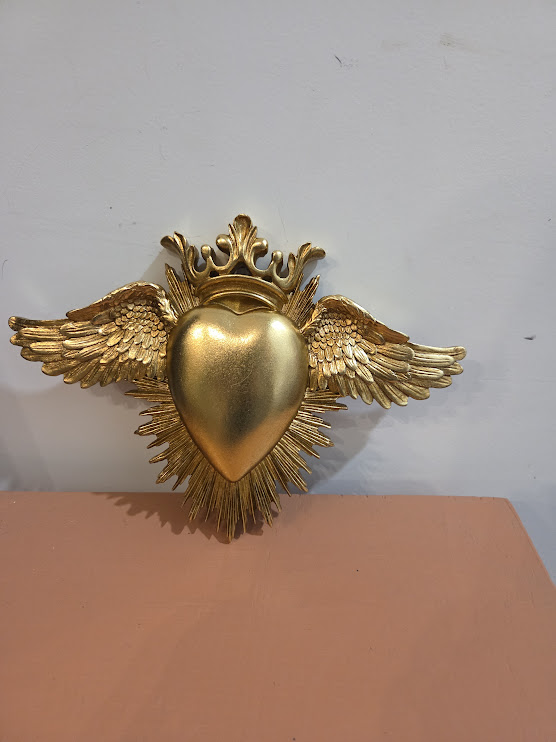 Déco murale ex-voto coeur ailes doré 24,5x17,5cm (