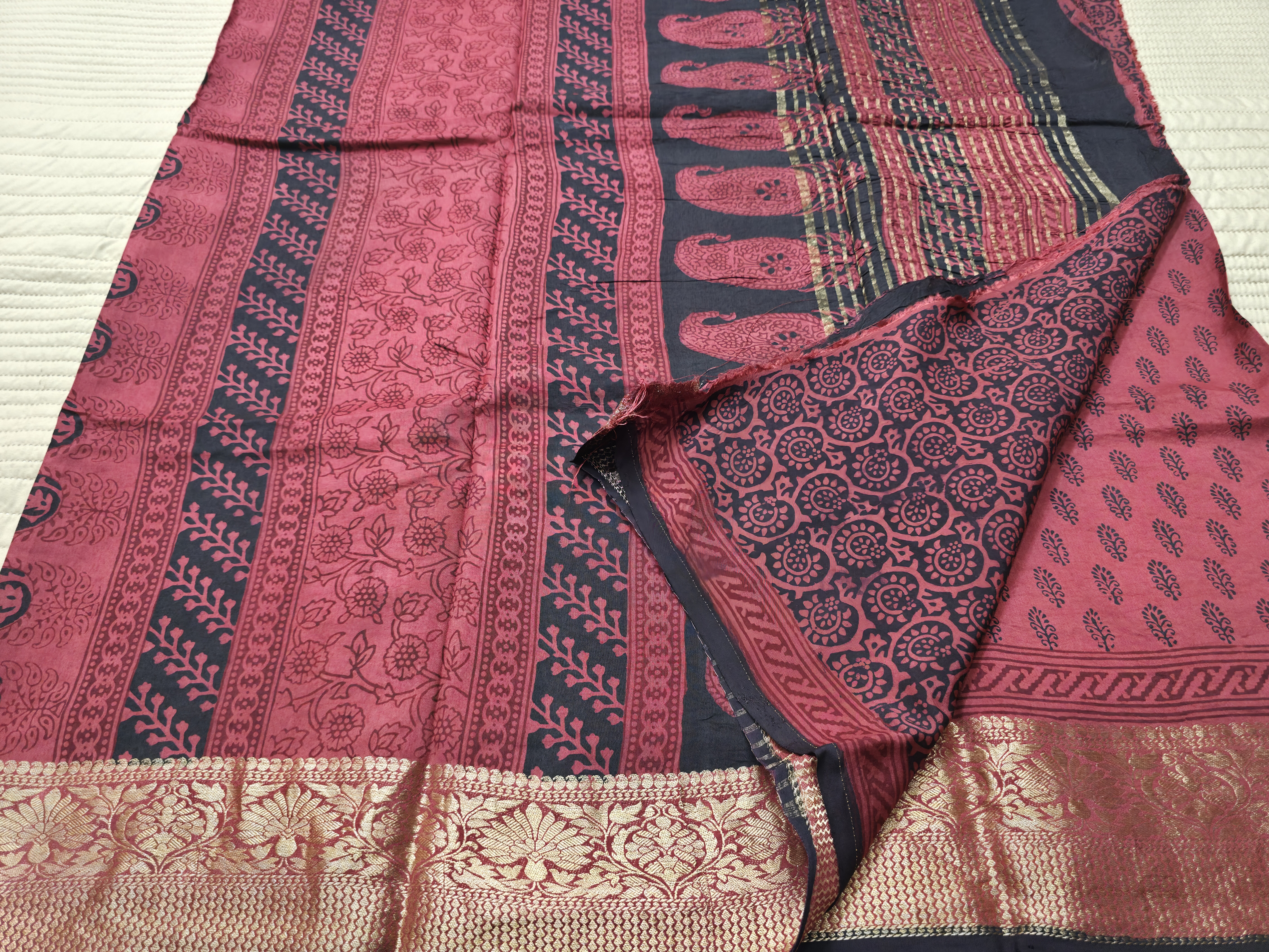Premium Dola Silk Saree with Traditional Bagh Hand Block Print