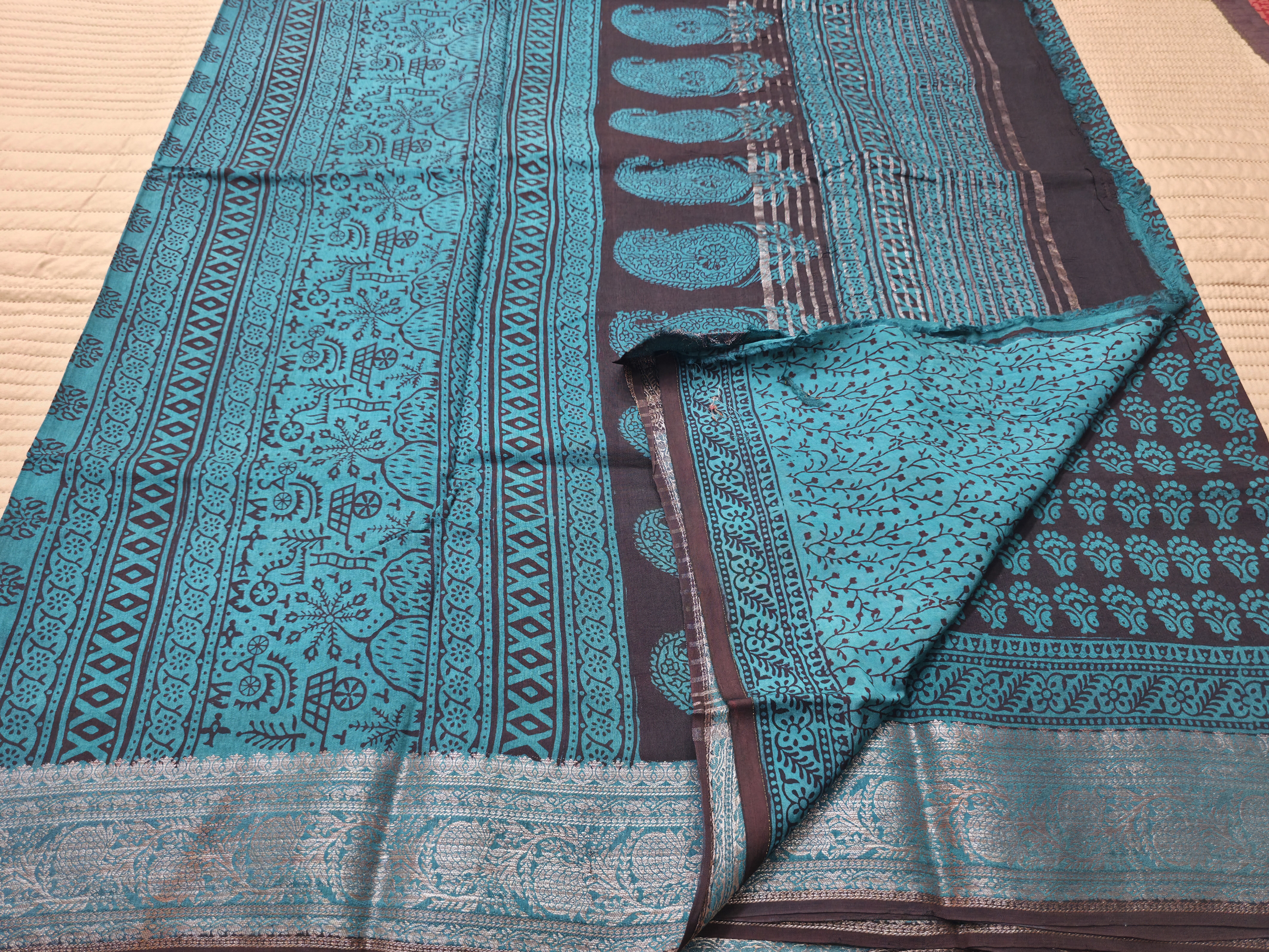 Premium Dola Silk Saree with Traditional Bagh Hand Block Print