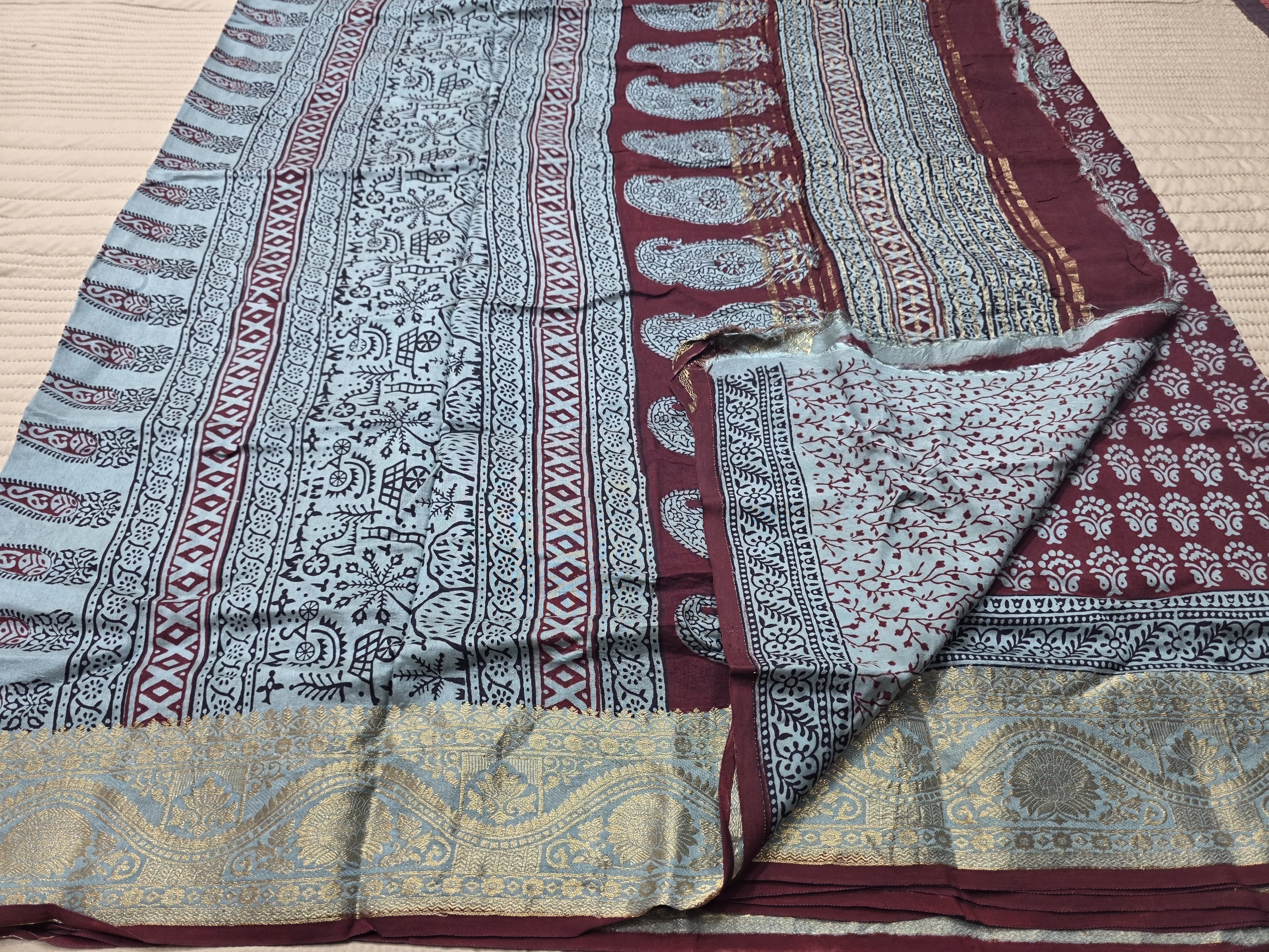  Premium Dola Silk Saree with Traditional Bagh Hand Block Print