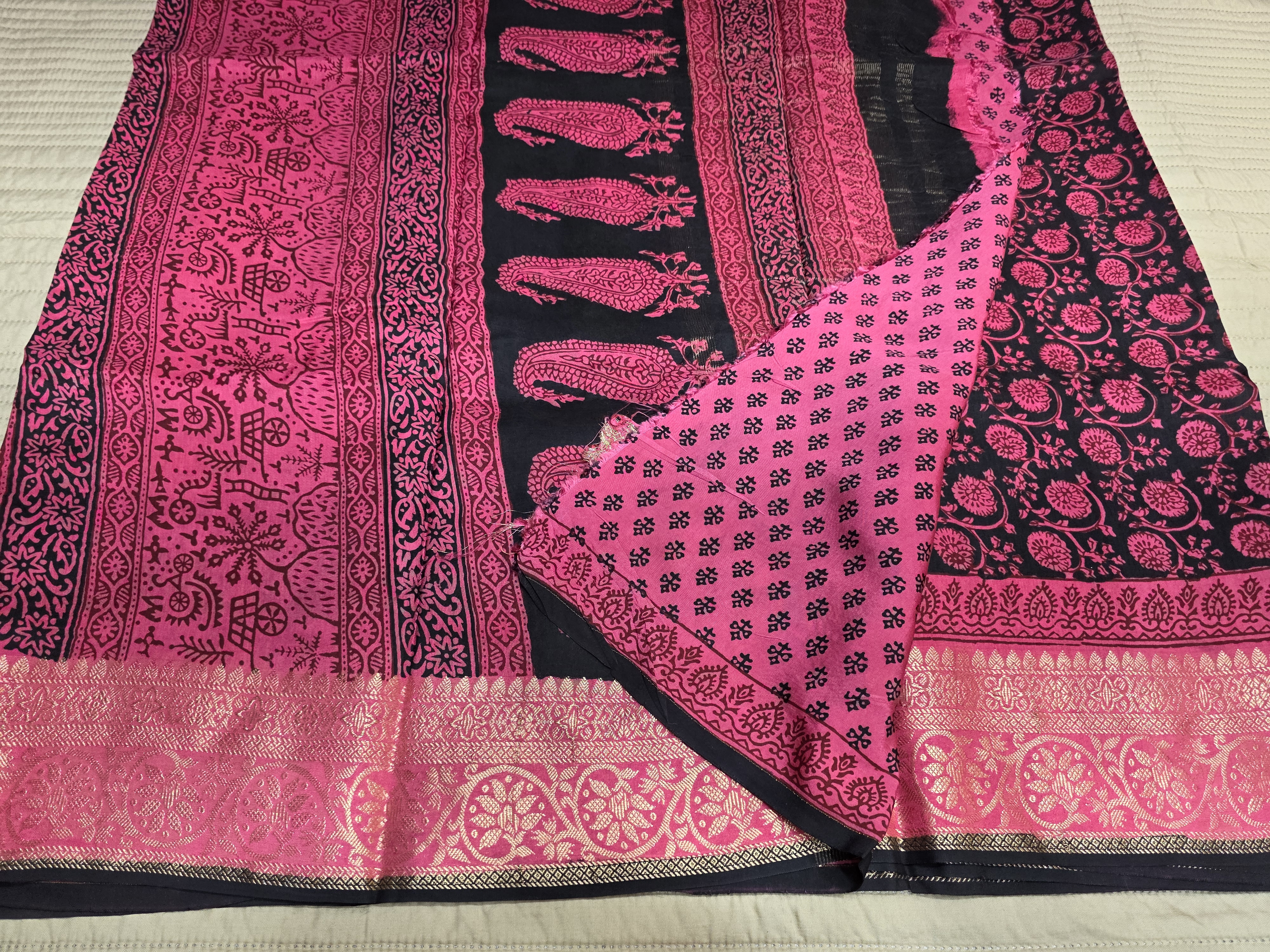 Premium Dola Silk Saree with Traditional Bagh Hand Block Print