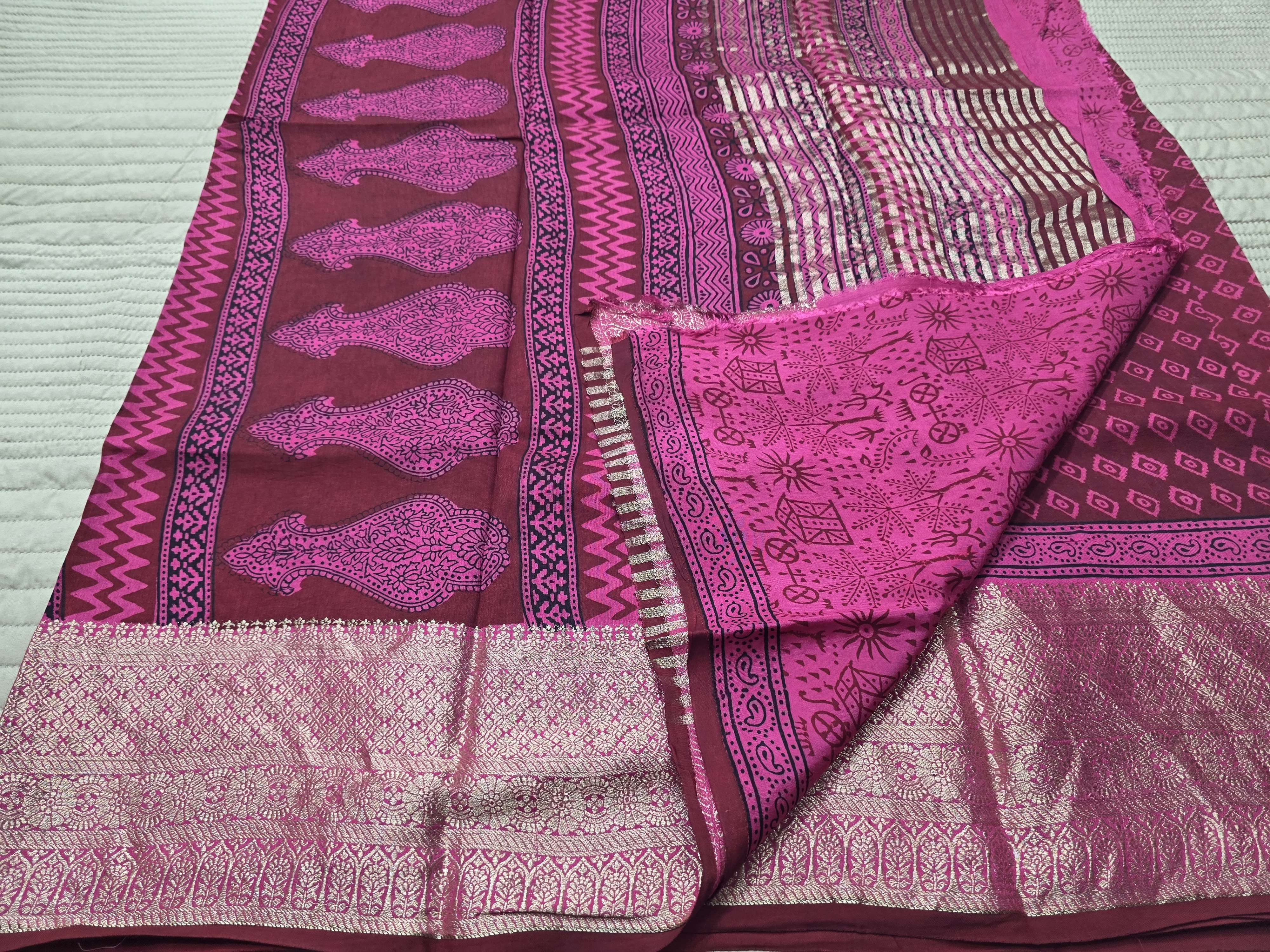 Premium Dola Silk Saree with Traditional Bagh Hand Block Print