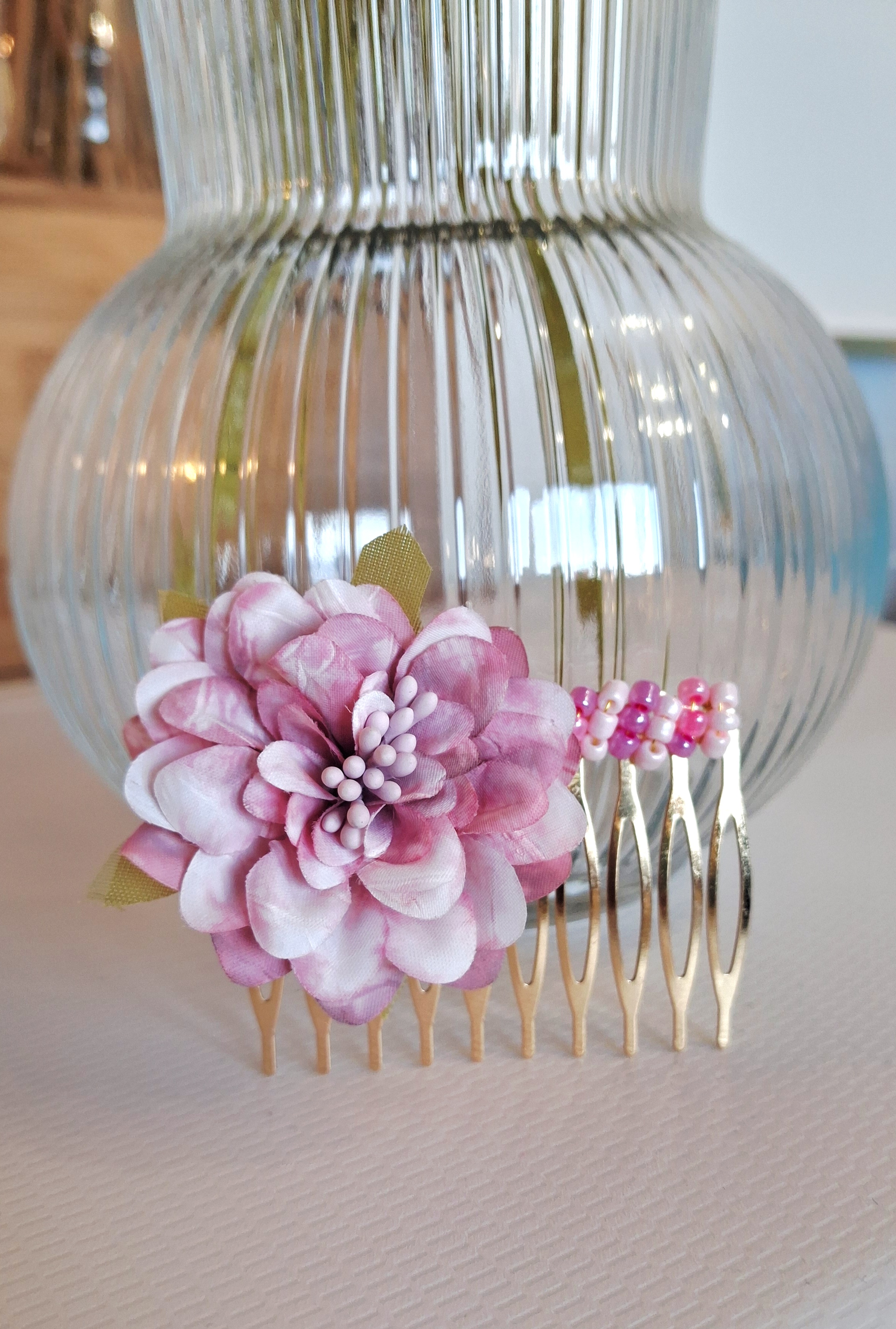 Peigne cheveux mariage fleur rose  