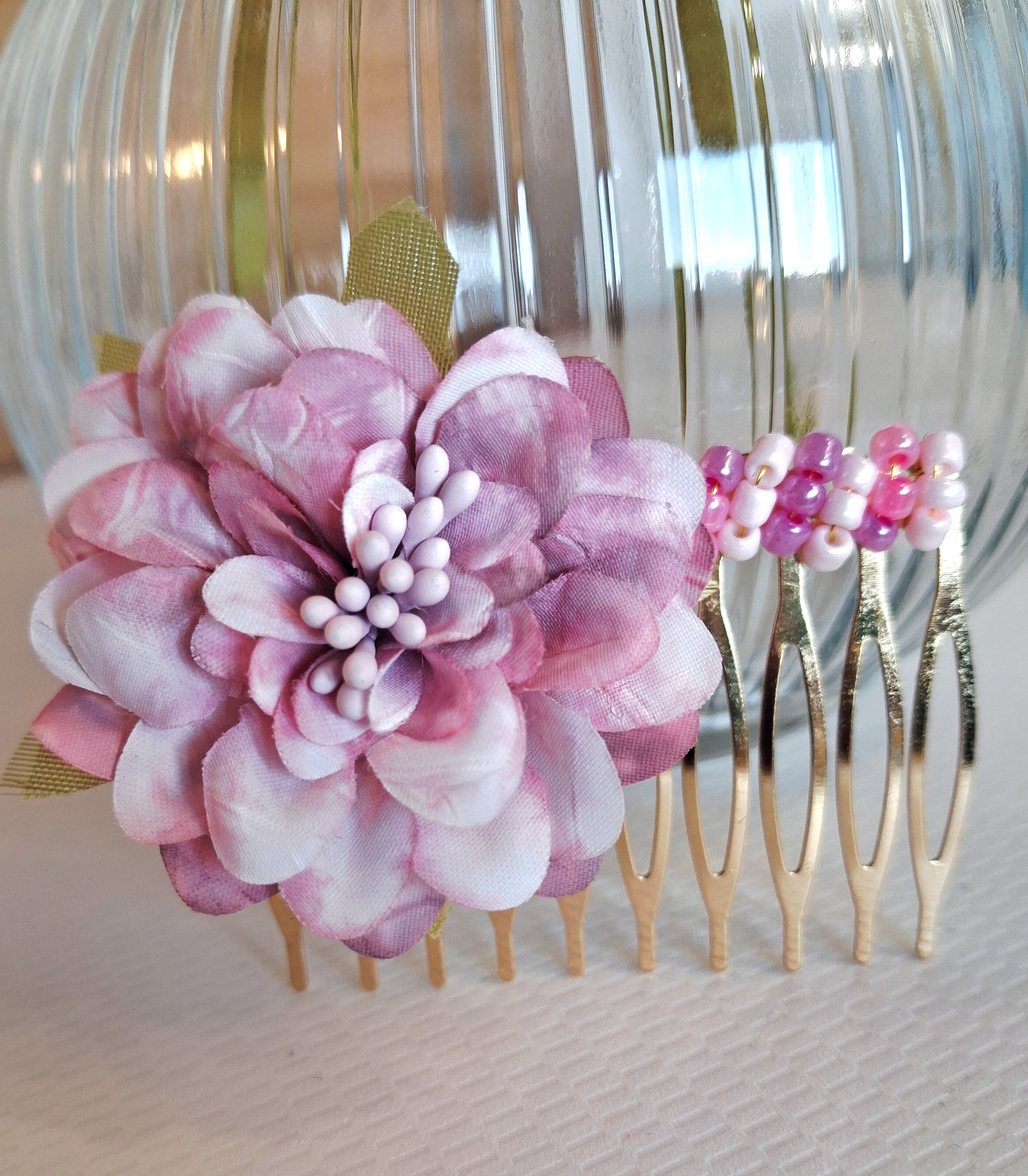 Peigne cheveux mariage fleur rose  