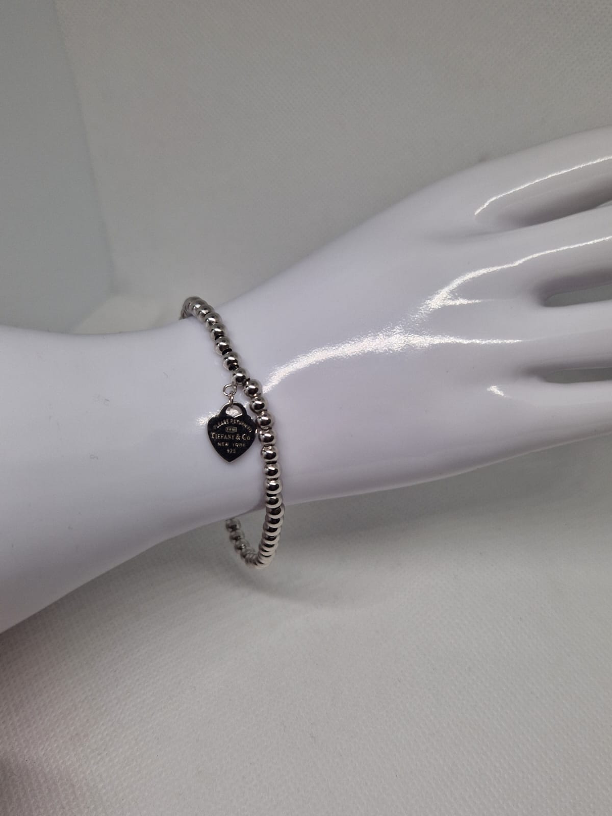 Silver Beaded Bracelet with Red Heart Charm