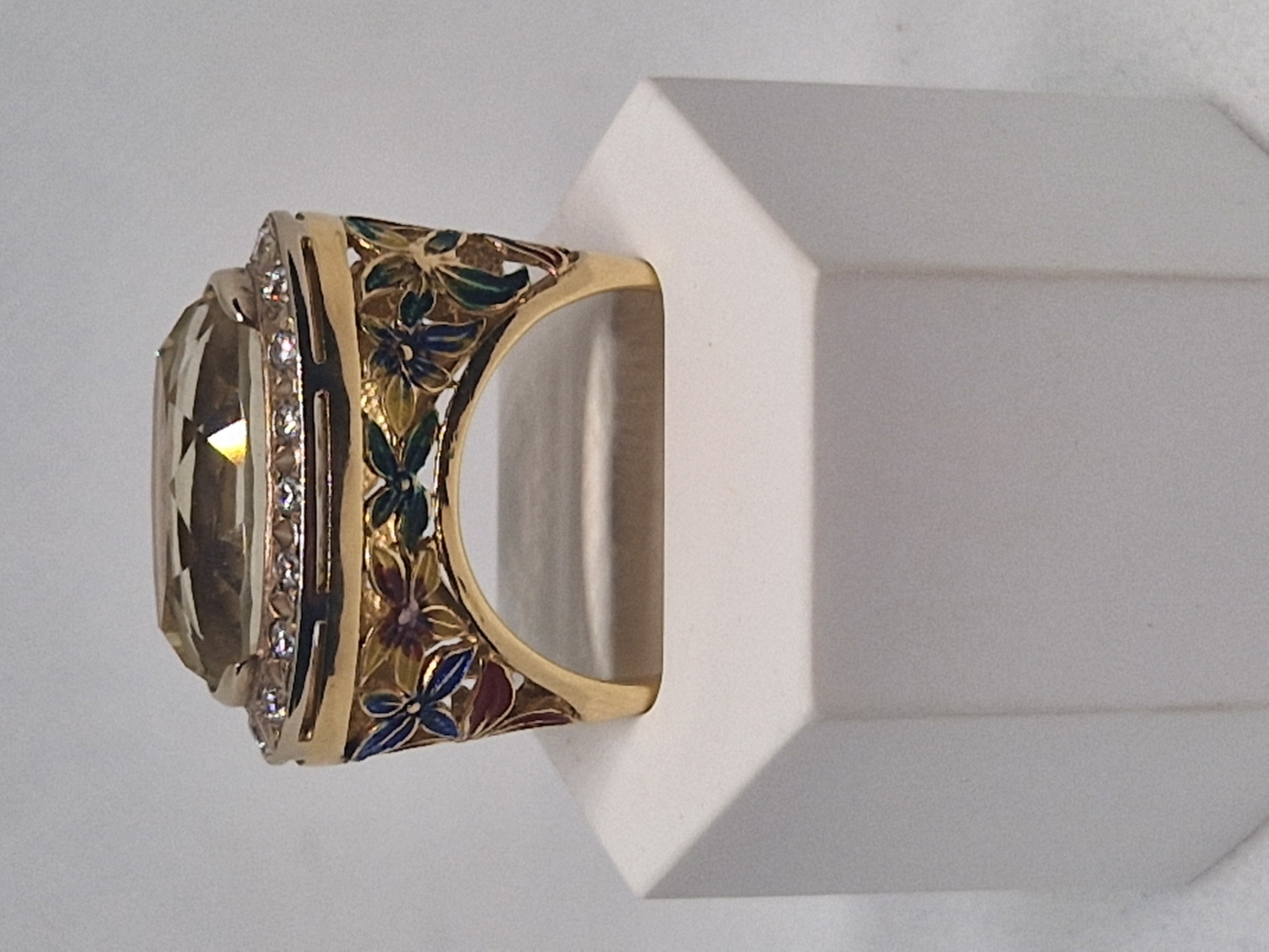 Gold Enamel Floral Gemstone Ring