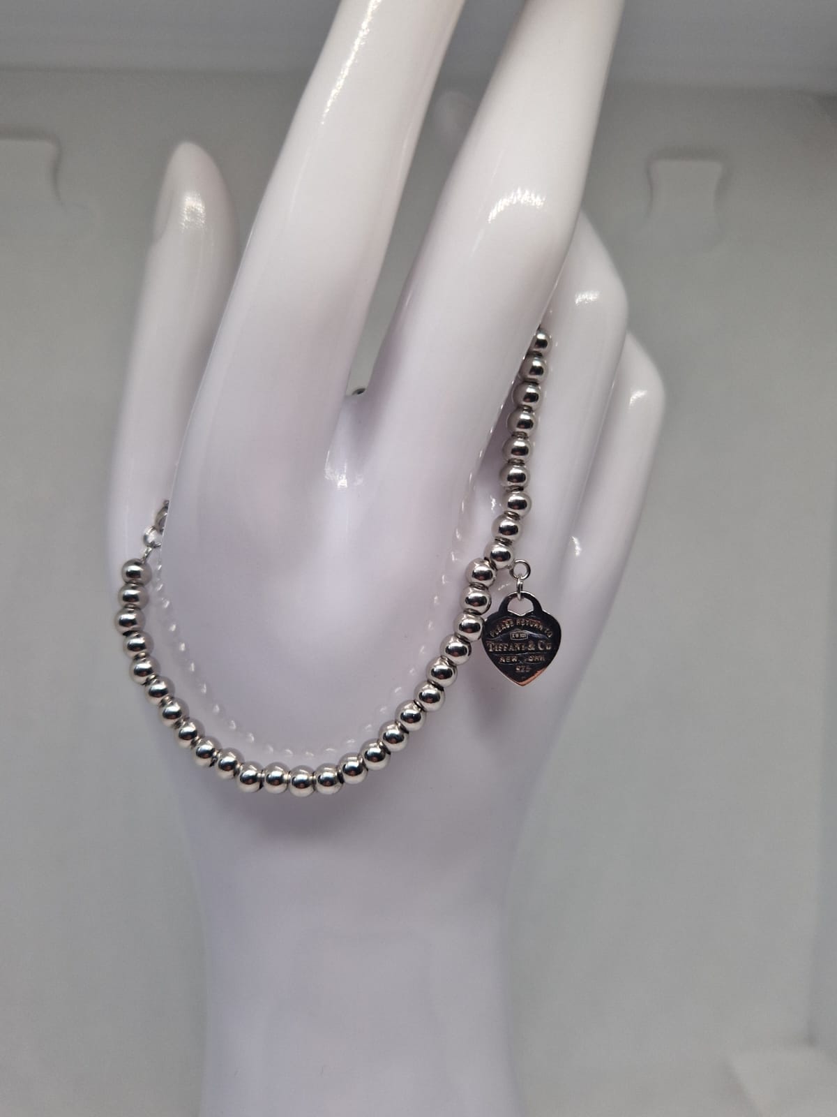 Silver Beaded Bracelet with Red Heart Charm