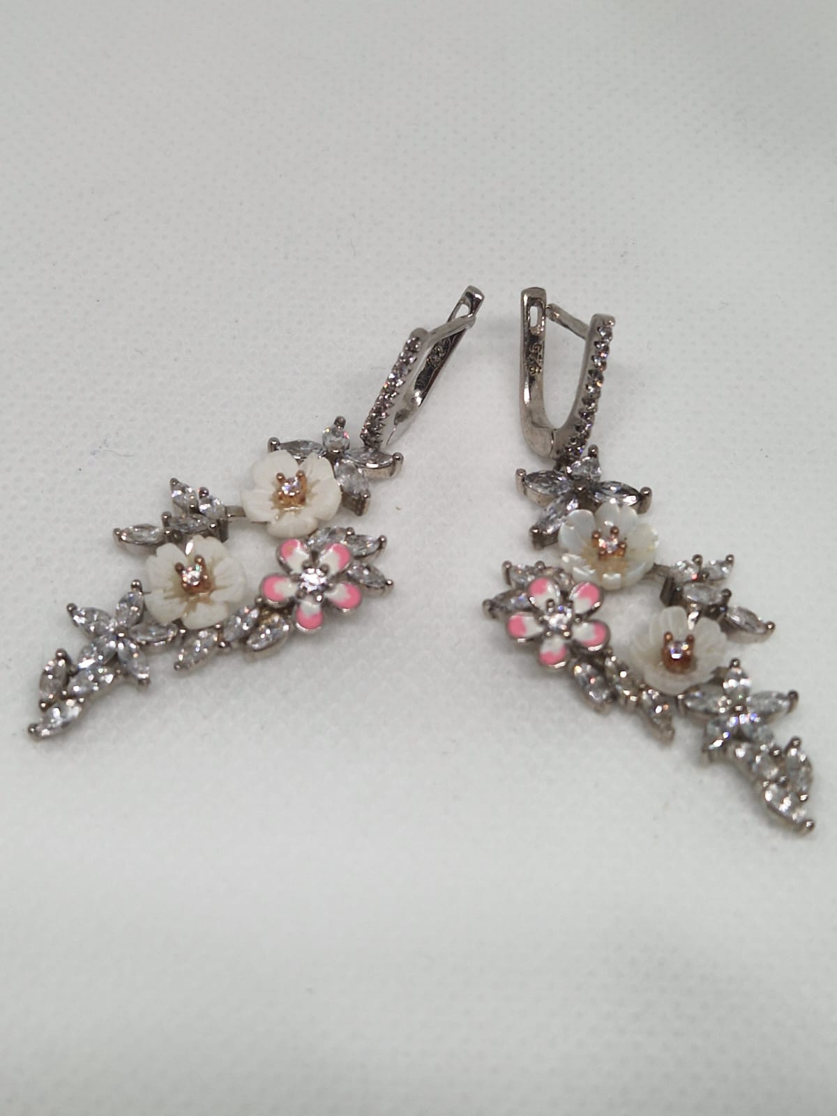 Sterling Silver Earrings with a Cubic Zirconia, Enamel, Mother-of-pearl Inlay