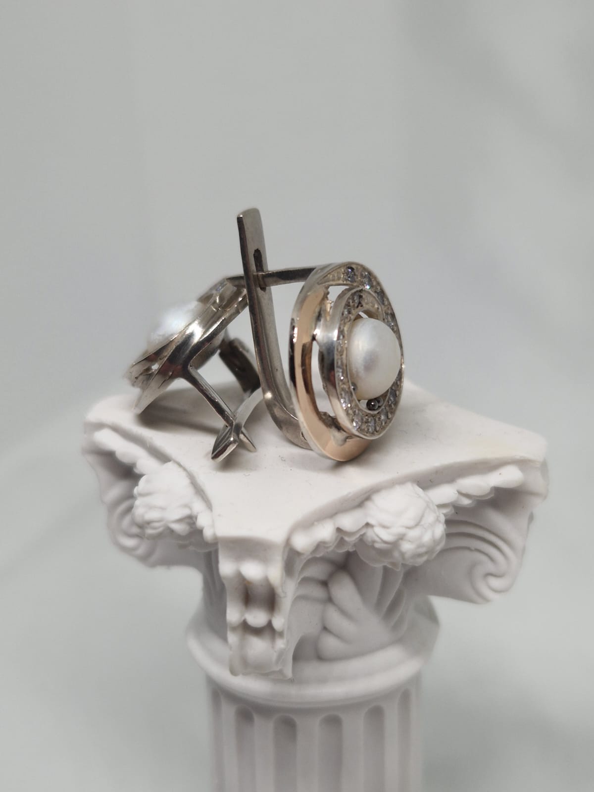  Silver & Golden Earrings with Cubic Zirconia, Cultured Pearl inlay