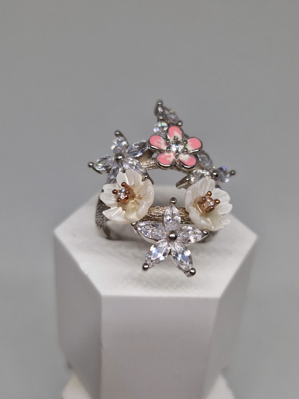 Silver Ring with an Enamel, Cubic Zirconia and Mother-Of-Pearl inlay