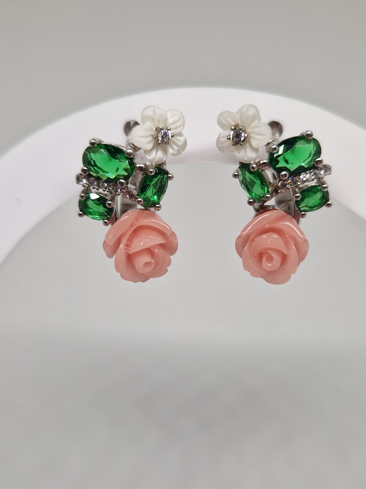 Sterling Silver Earrings with a Cubic Zirconia, Coral and Mother-of-pearl Inlay