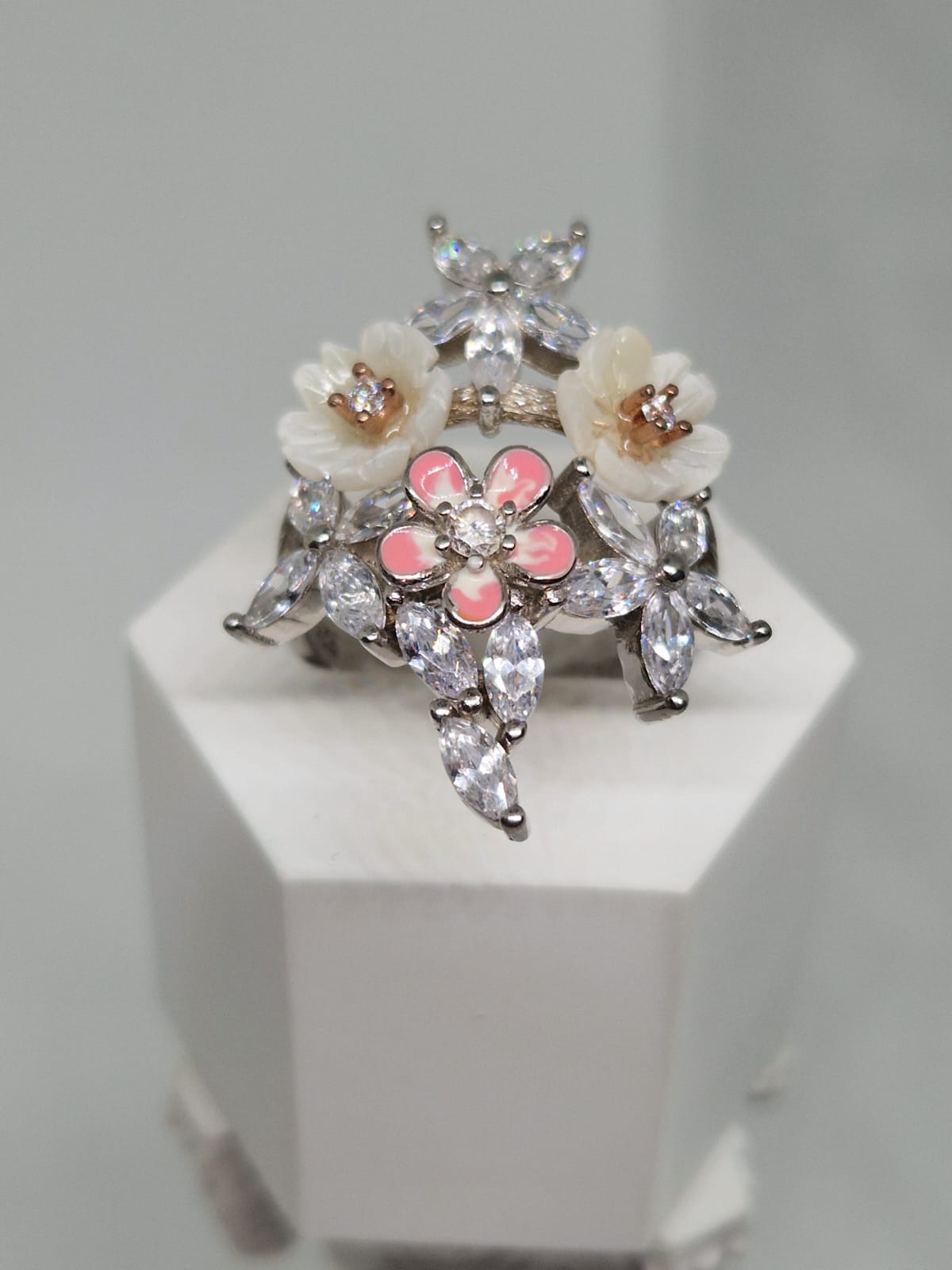 Silver Ring with an Enamel, Cubic Zirconia and Mother-Of-Pearl inlay