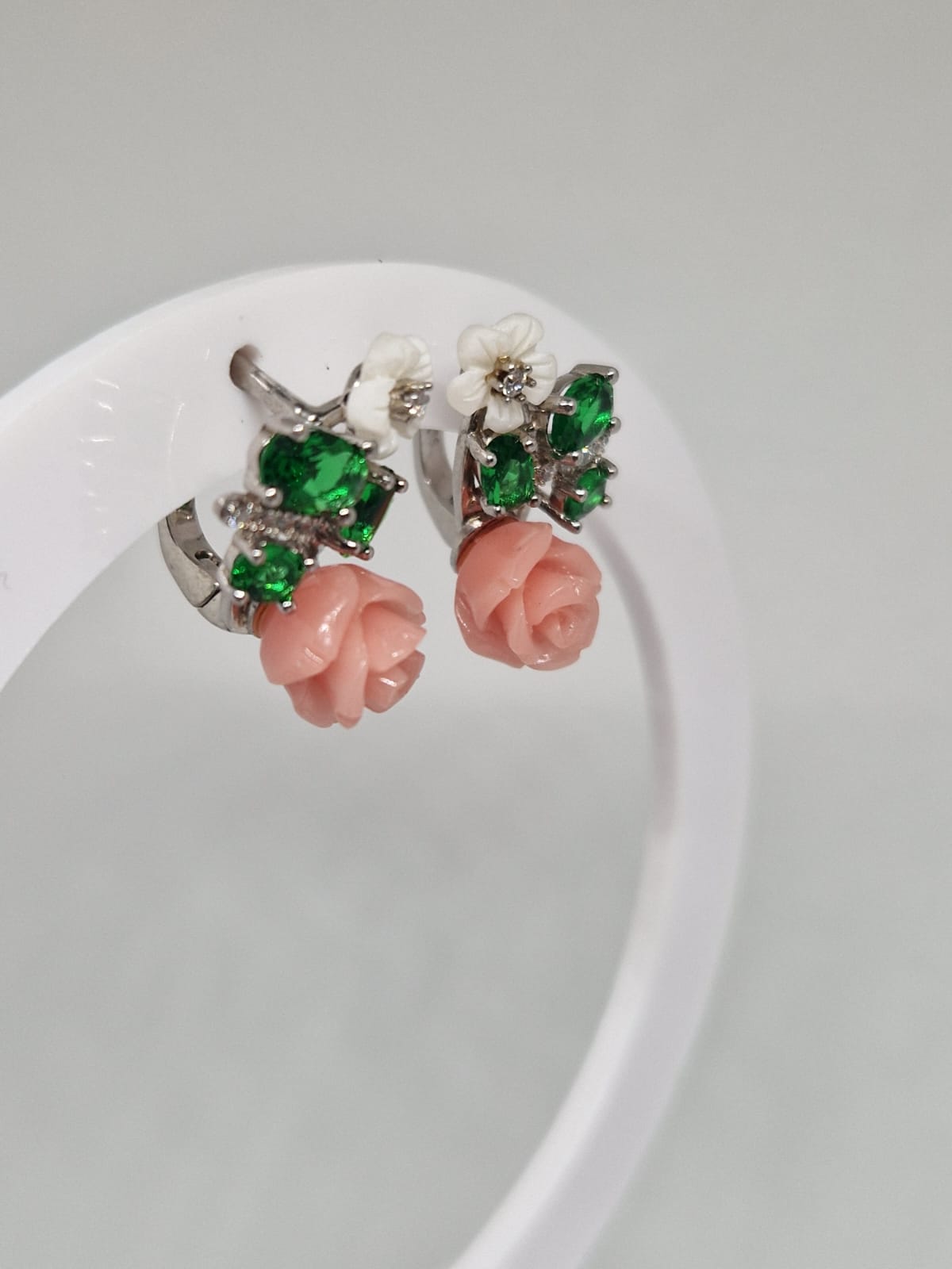 Sterling Silver Earrings with a Cubic Zirconia, Coral and Mother-of-pearl Inlay