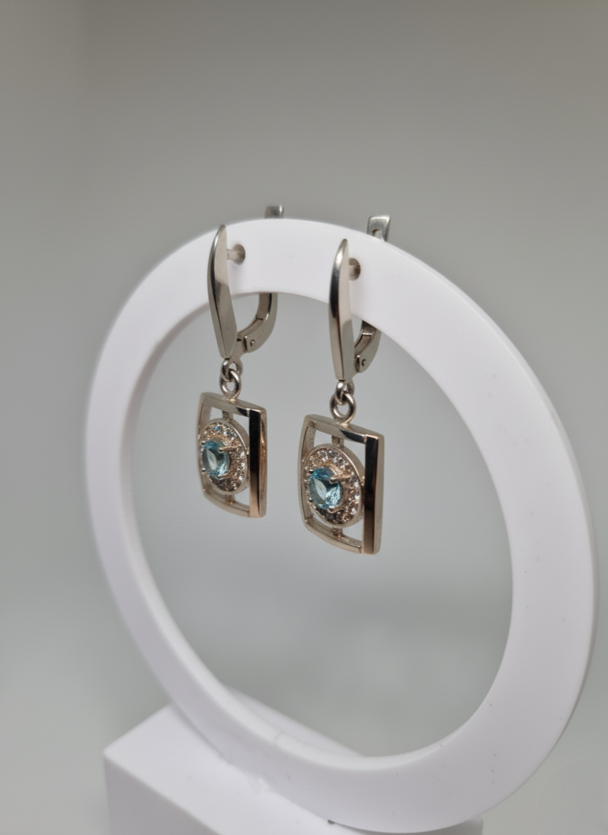 Silver & Golden Earrings with a Topaz, Cubic Zirconia inlay