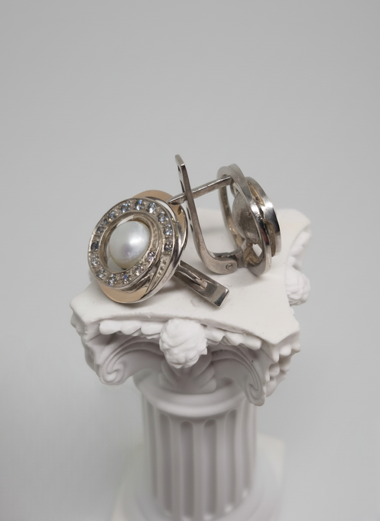 Silver & Golden Earrings with Cubic Zirconia, Cultured Pearl inlay