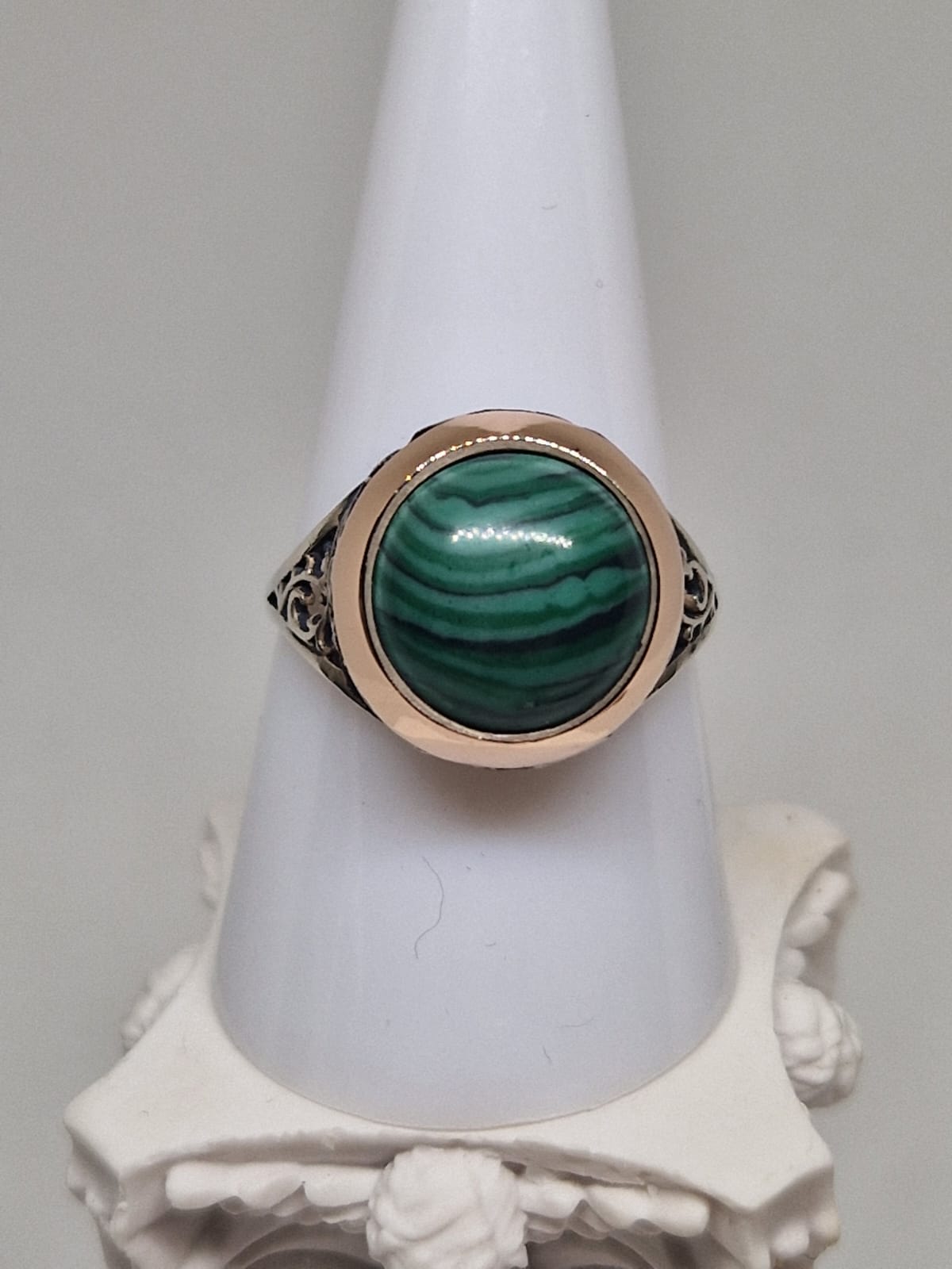 Silver & Golden Ring with an Imitation Malachite inlay