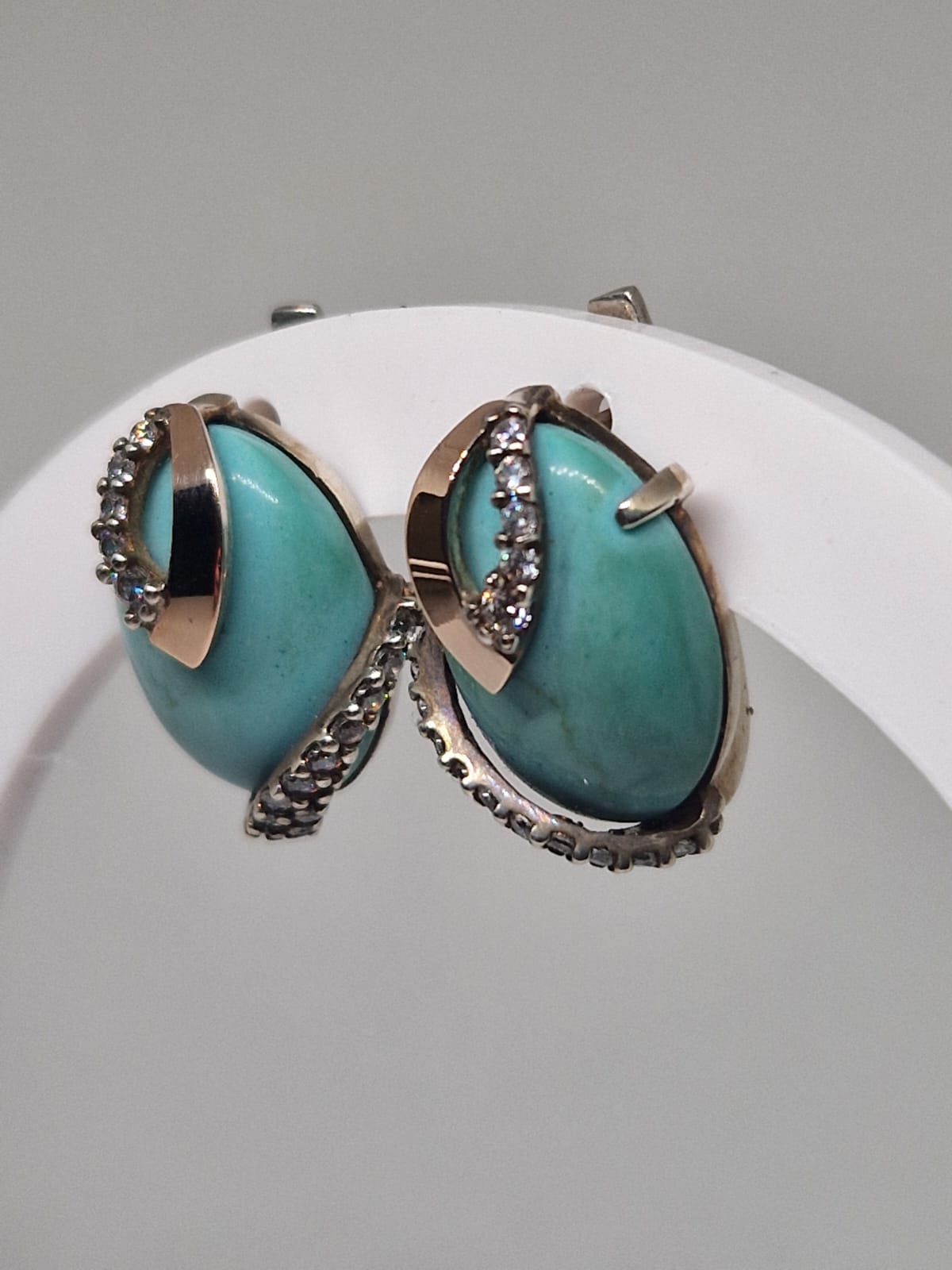 Golden Earrings with Cubic Zirconia, Imitation Turquoise inlay