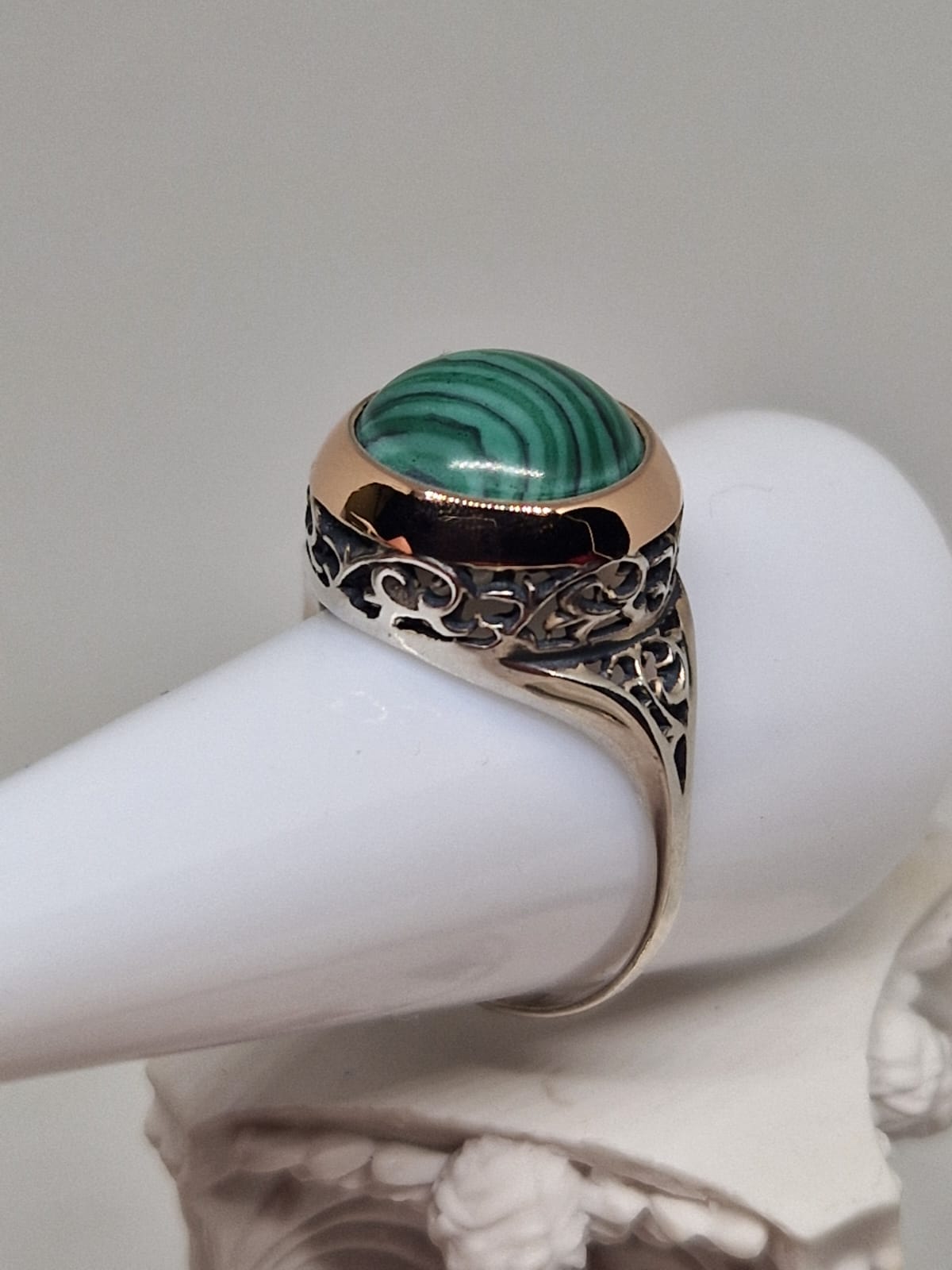 Silver & Golden Ring with an Imitation Malachite inlay